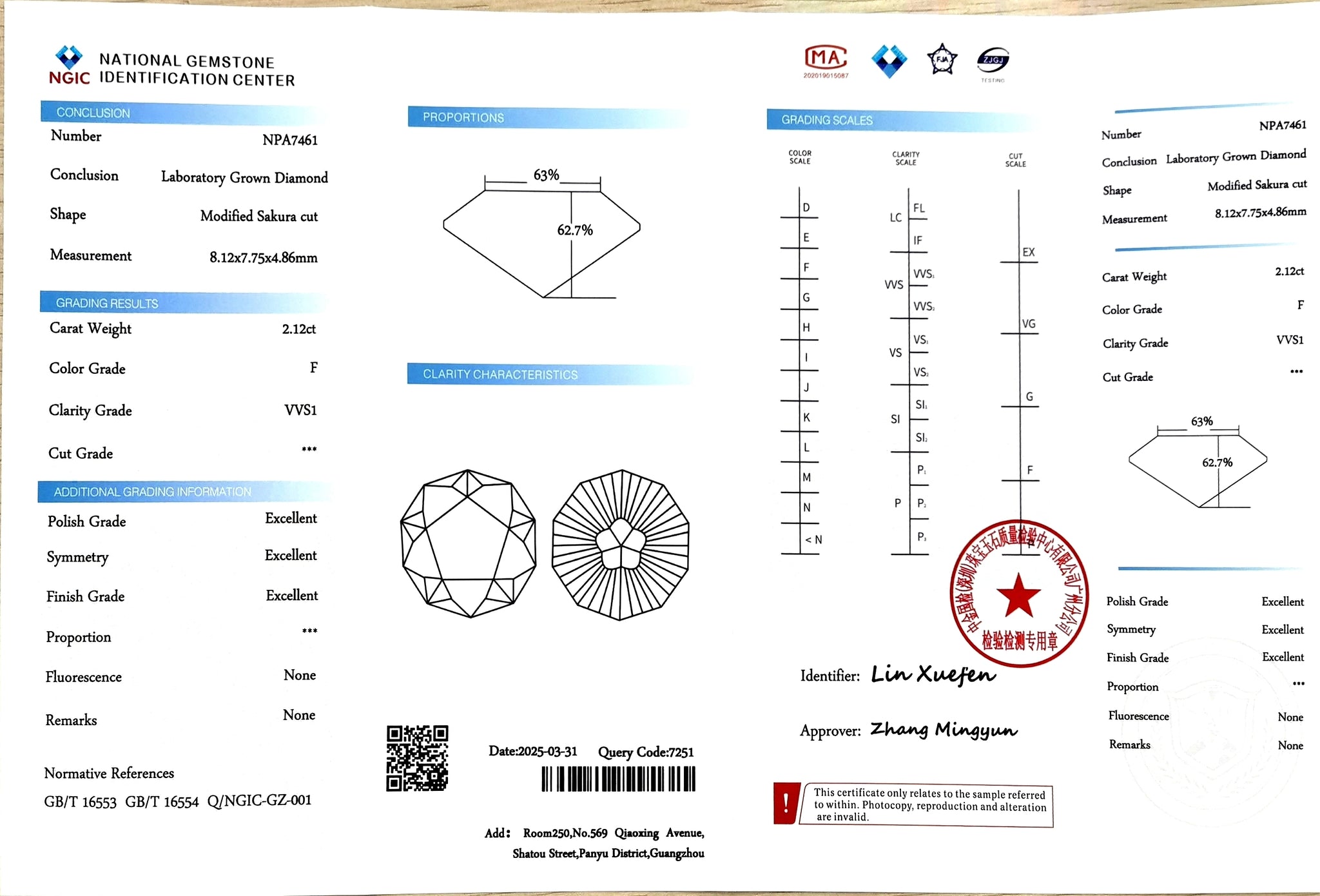 NGIC certificate for 2.12ct modified sakura cut F color VVS1 lab diamond