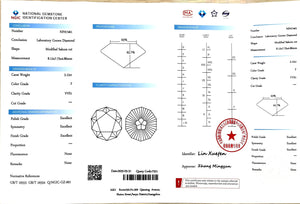 NGIC certificate for 2.12ct modified sakura cut F color VVS1 lab diamond