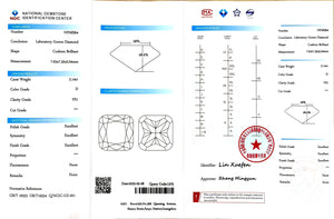 "NGIC certificate for 2.14ct cushion cut D color VS1 lab-created diamond"*