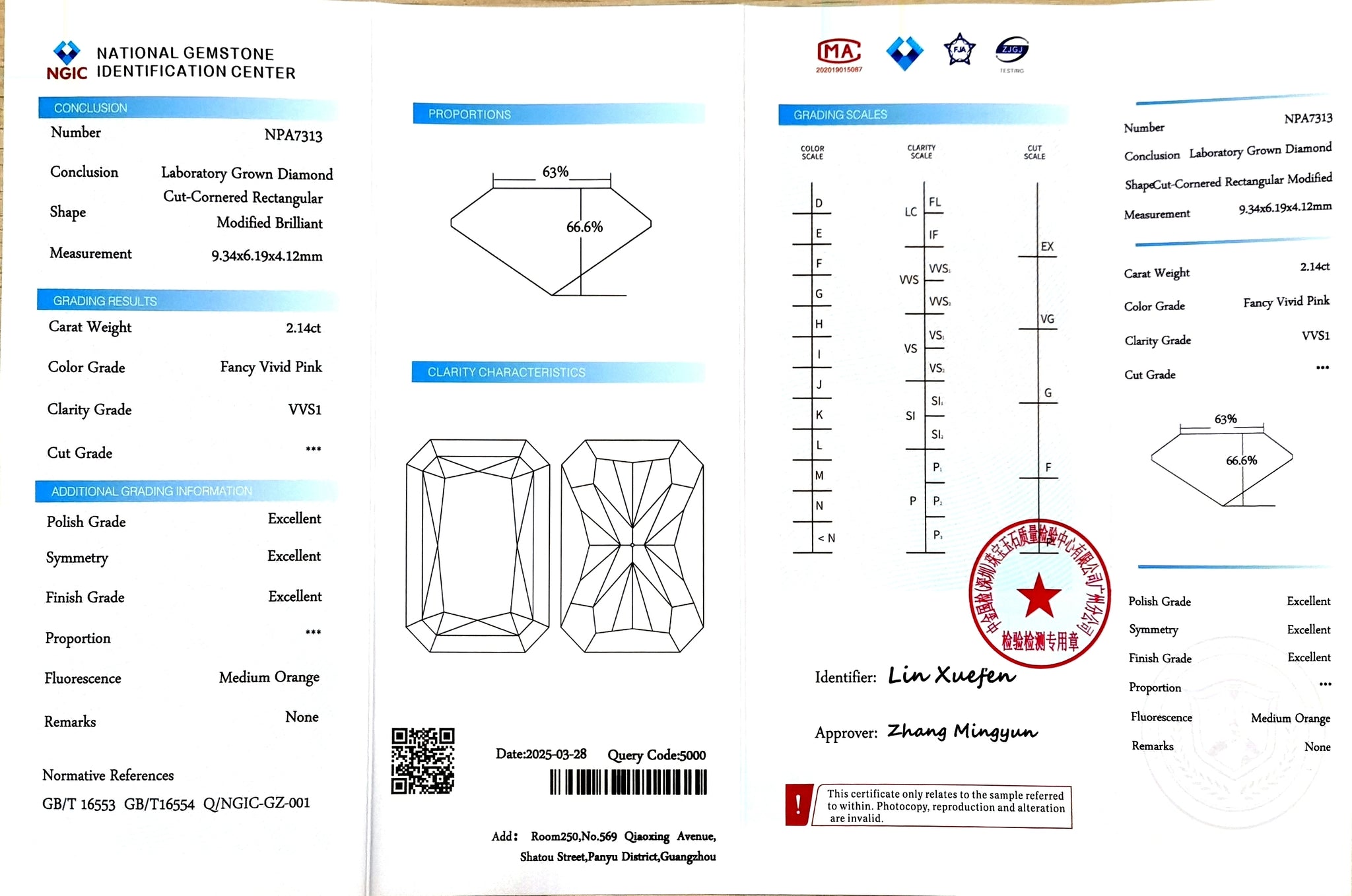 NGIC report for 2.14ct radiant cut fancy vivid pink VVS1 lab diamond