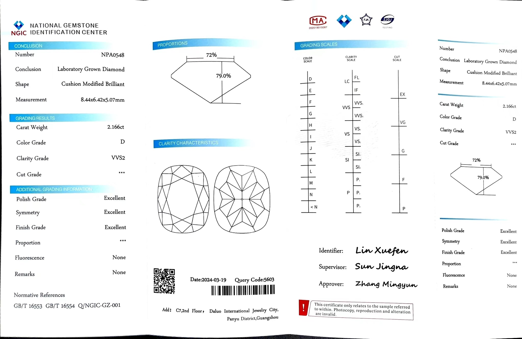 "NGIC certificate for 2.166ct cushion cut D color VVS2 lab diamond"