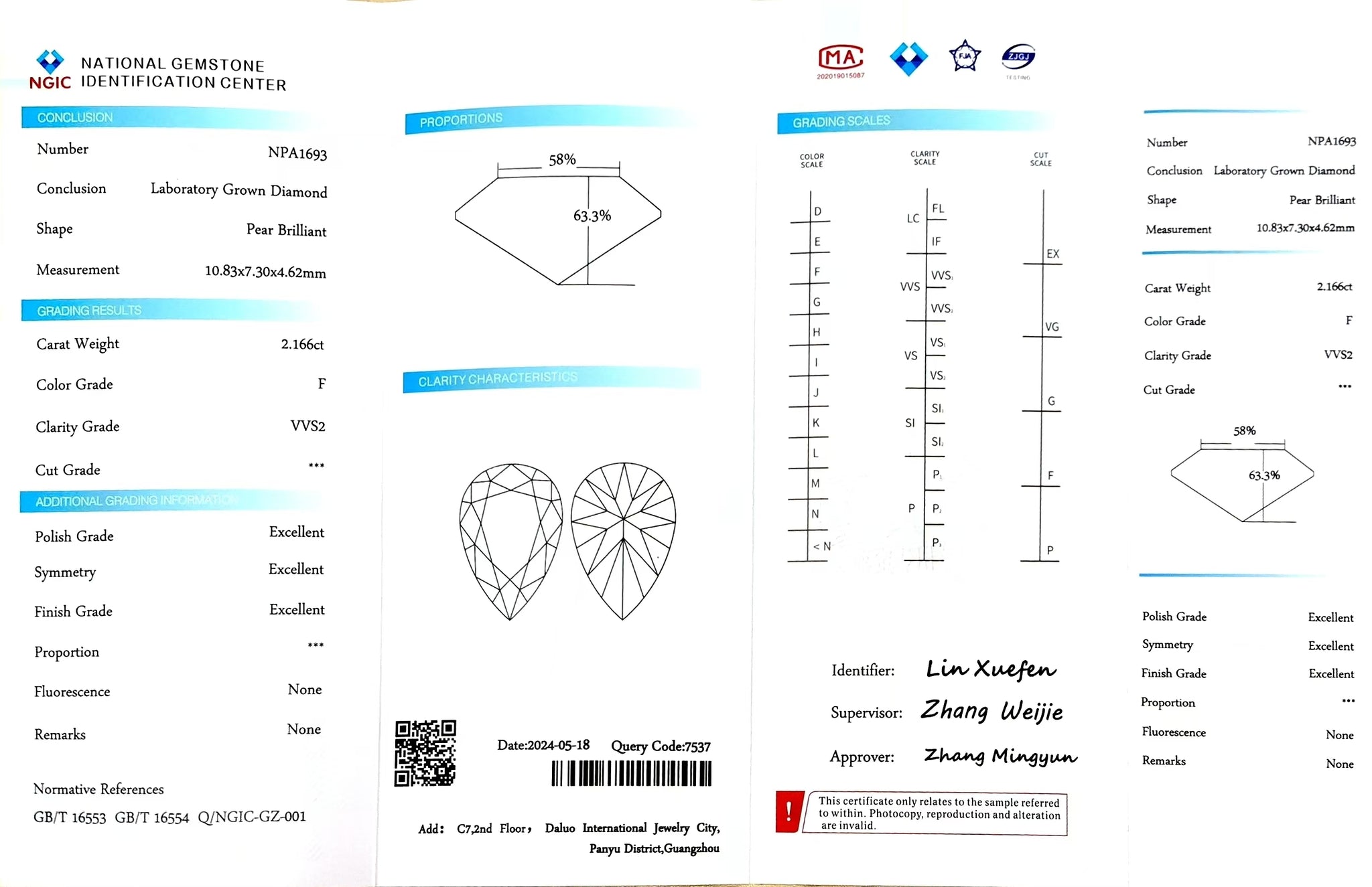 NGIC certificate for 2.166ct pear cut F color VVS2 lab diamond
