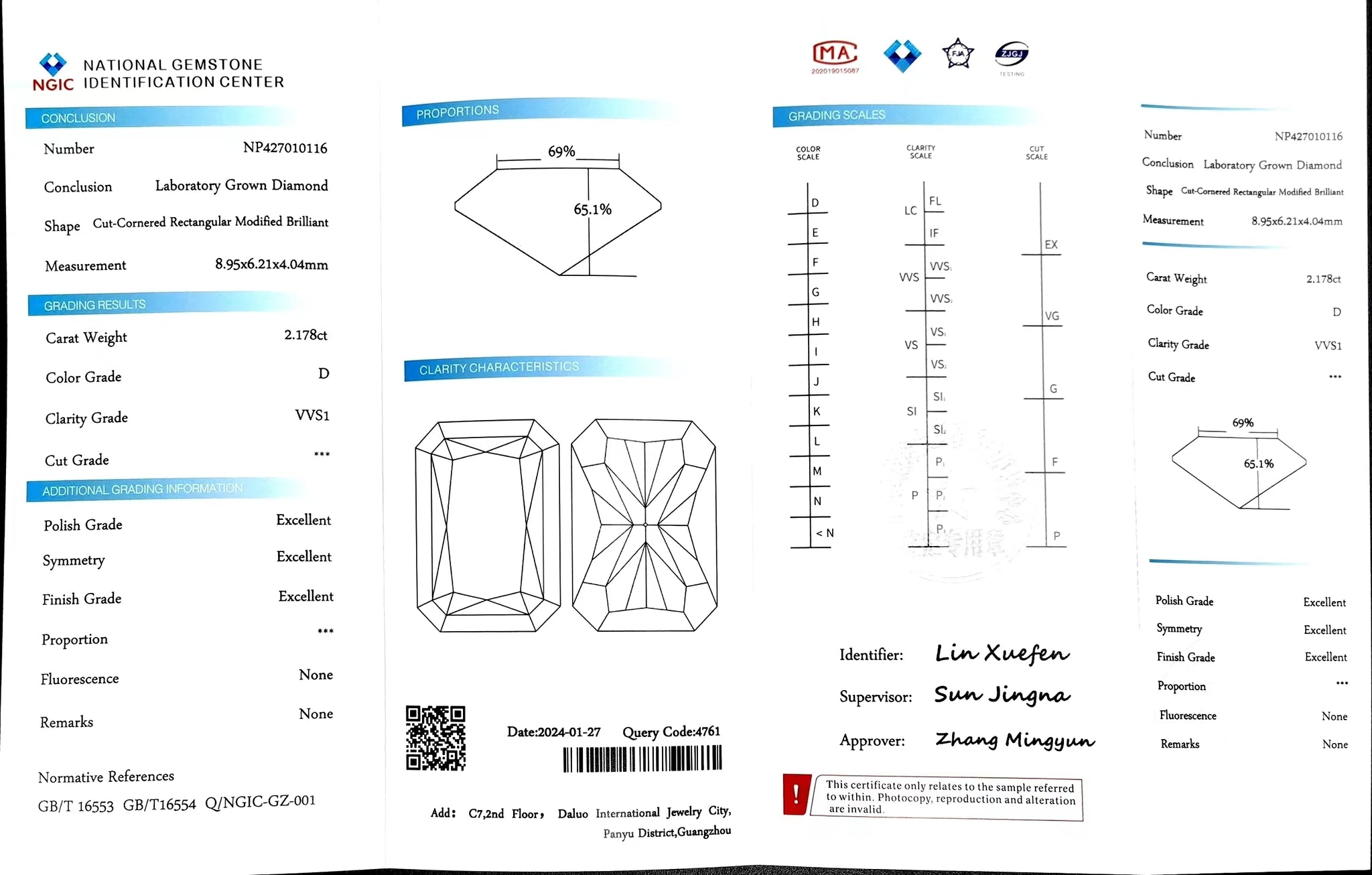 "NGIC certificate for 2.178ct radiant cut D color VVS1 lab diamond"