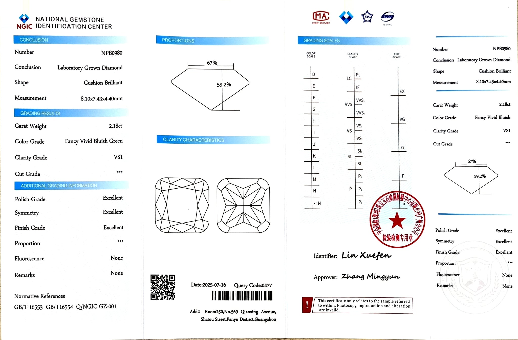 "NGIC certificate for 2.18ct cushion cut fancy bluish green VS1 lab diamond"