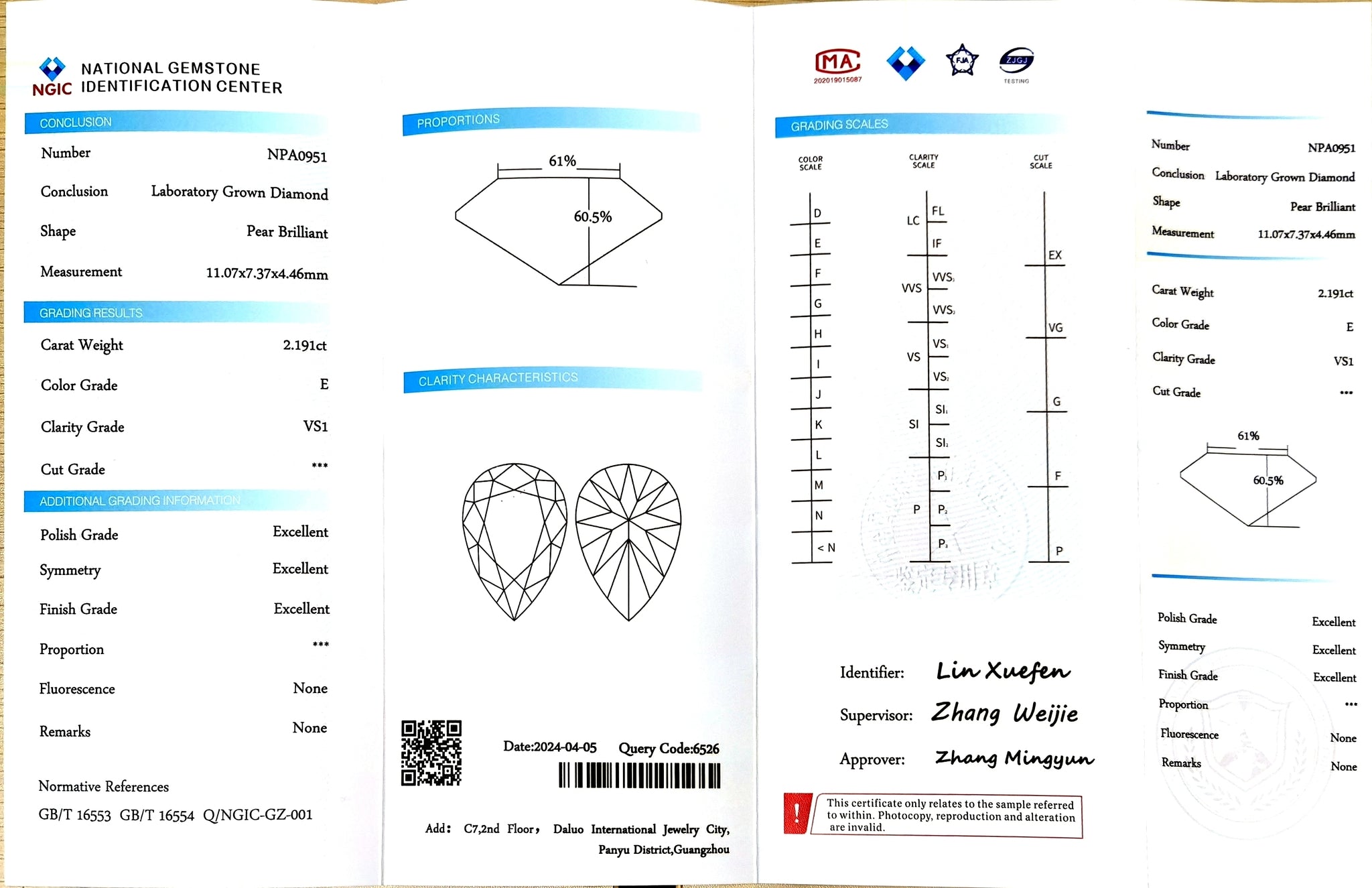 "NGIC certificate for 2.191ct pear cut E color VS1 lab diamond"