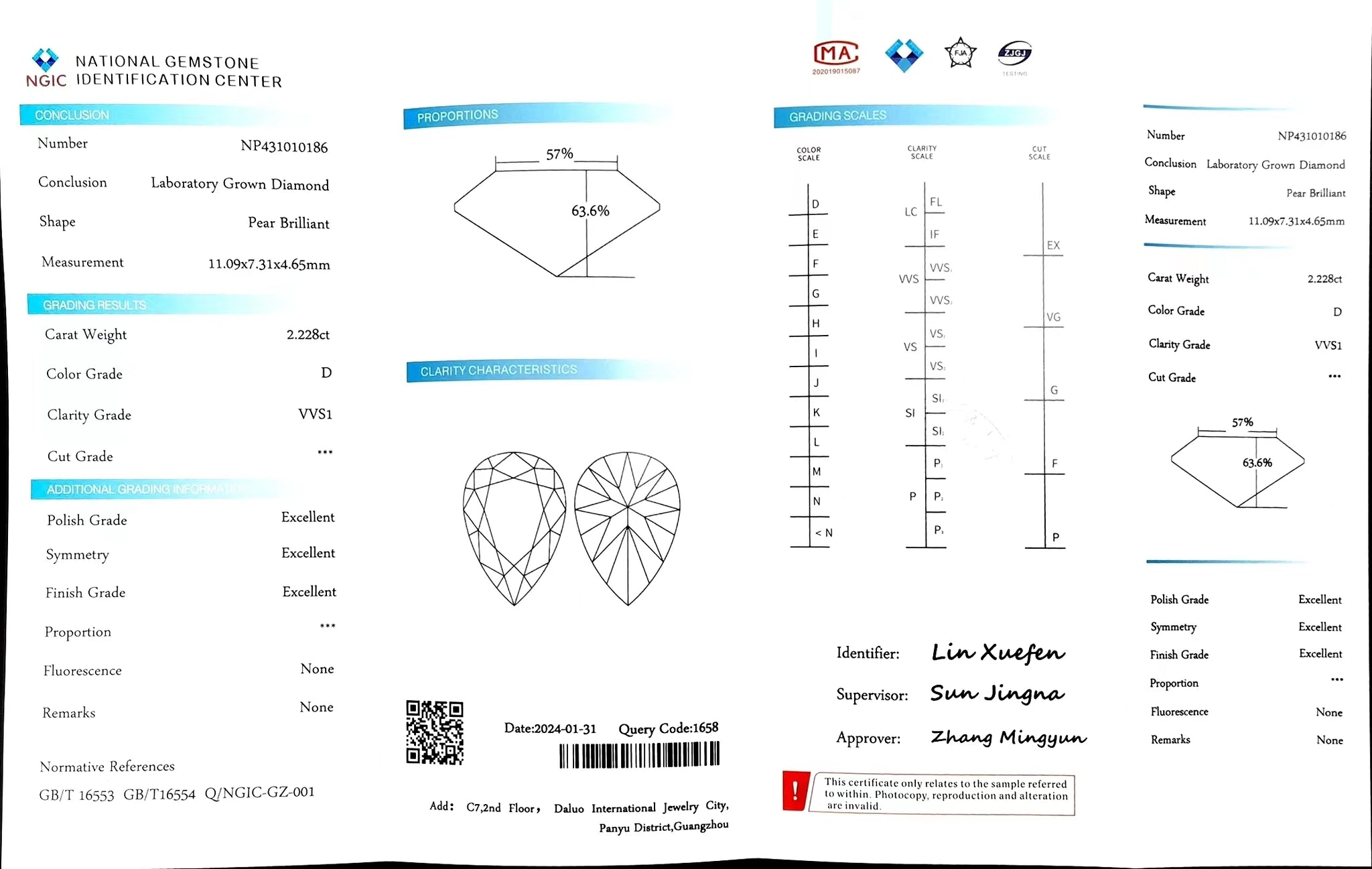 "NGIC certificate for 2.228ct pear cut D color VVS1 lab diamond"