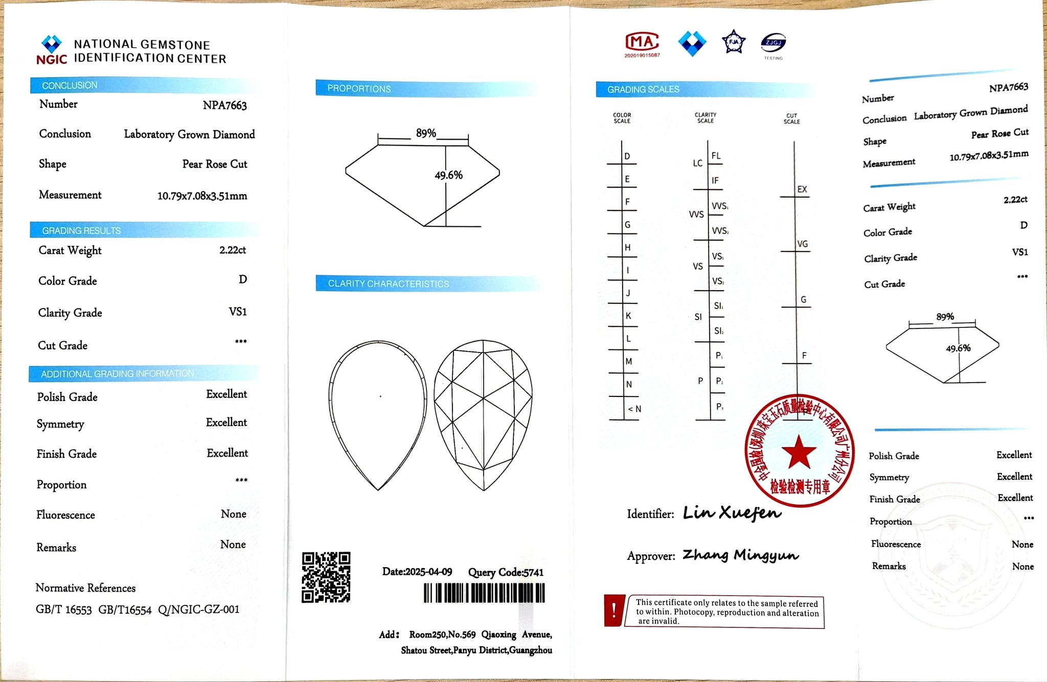 NGIC certificate for 2.22ct pear rose cut D color VS1 clarity lab-grown diamond