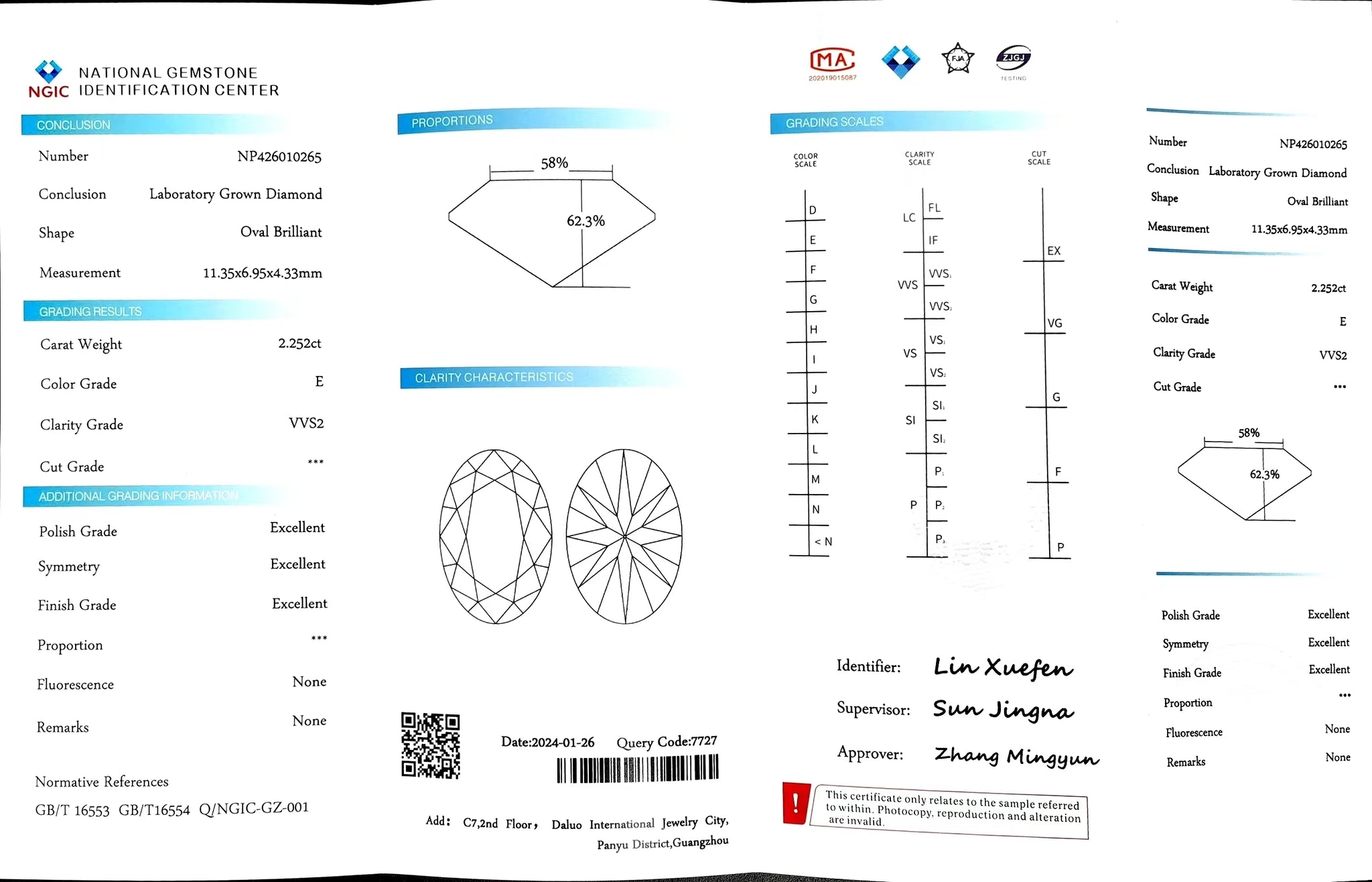 "NGIC certificate for 2.252ct oval cut E color VVS2 lab diamond"