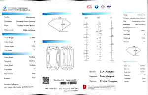 "NGIC certificate for 2.290ct modified elongated cushion cut D color VVS2 lab diamond"