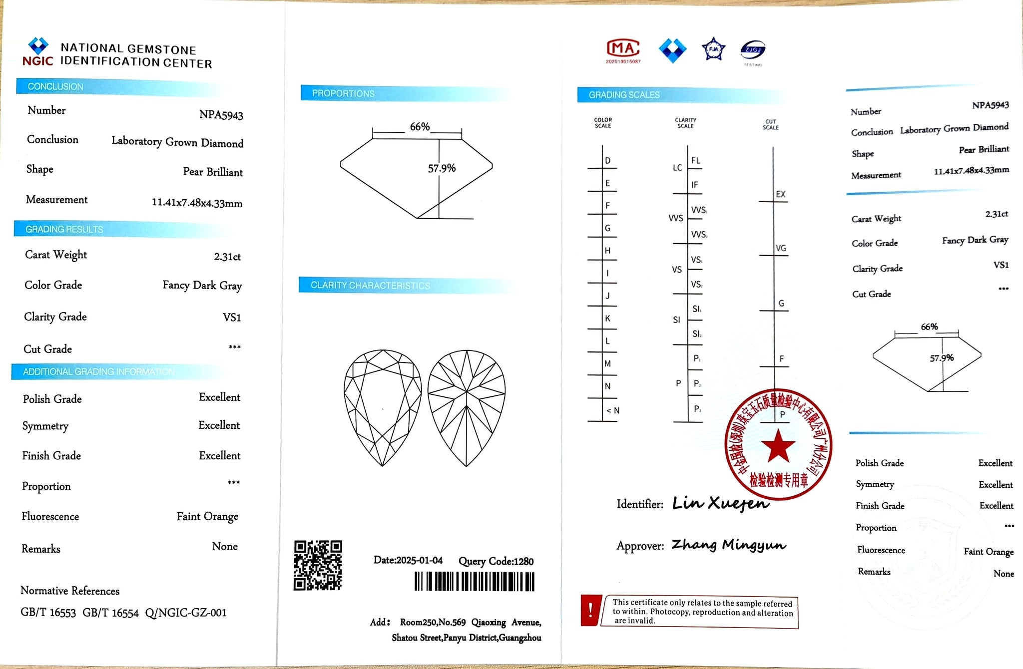 NGIC certificate for 2.31ct pear fancy dark gray VS1 lab diamond (NPA5943)