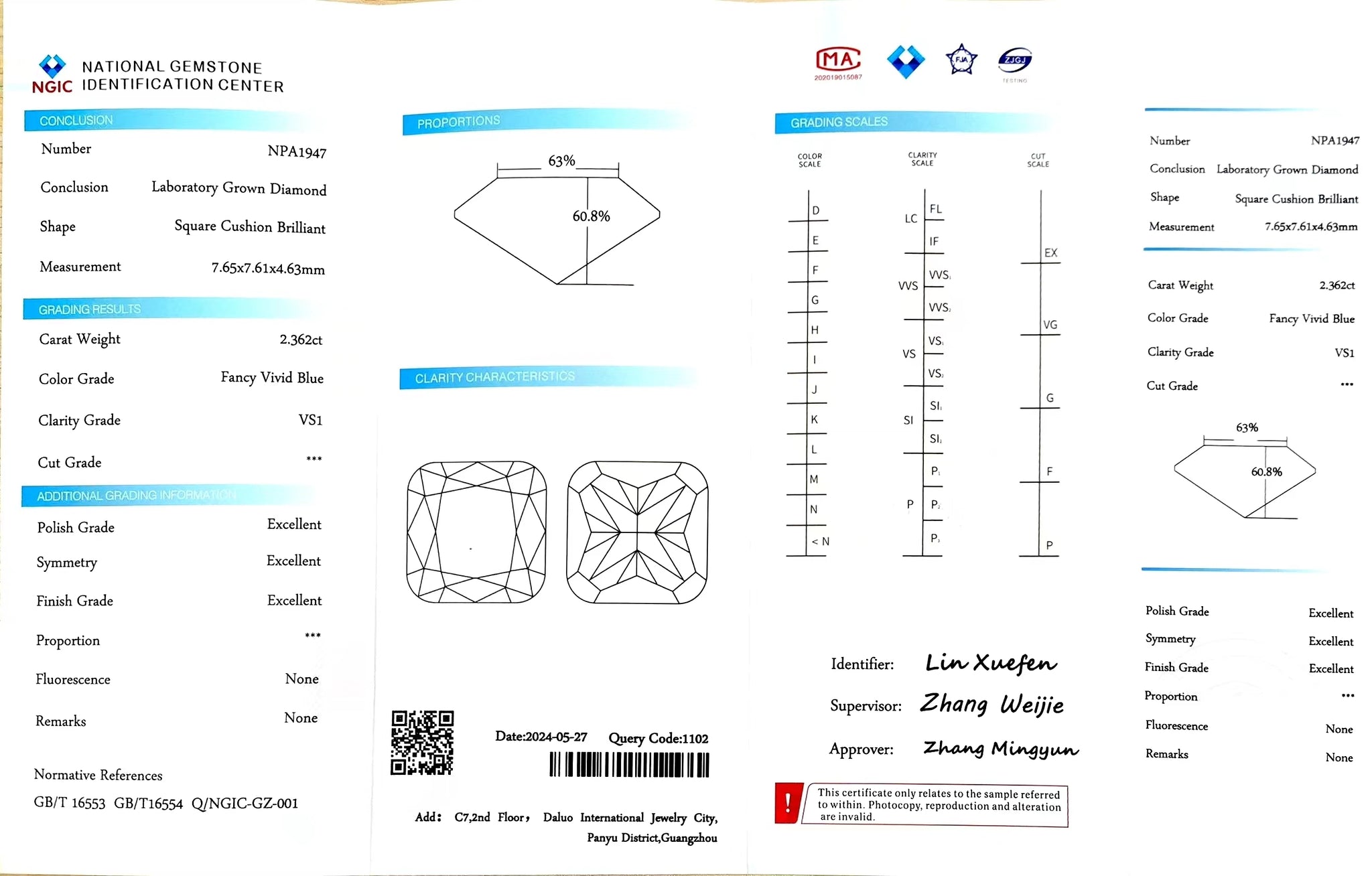 NGIC certificate for 2.362ct cushion Fancy Vivid Blue VS1 lab diamond