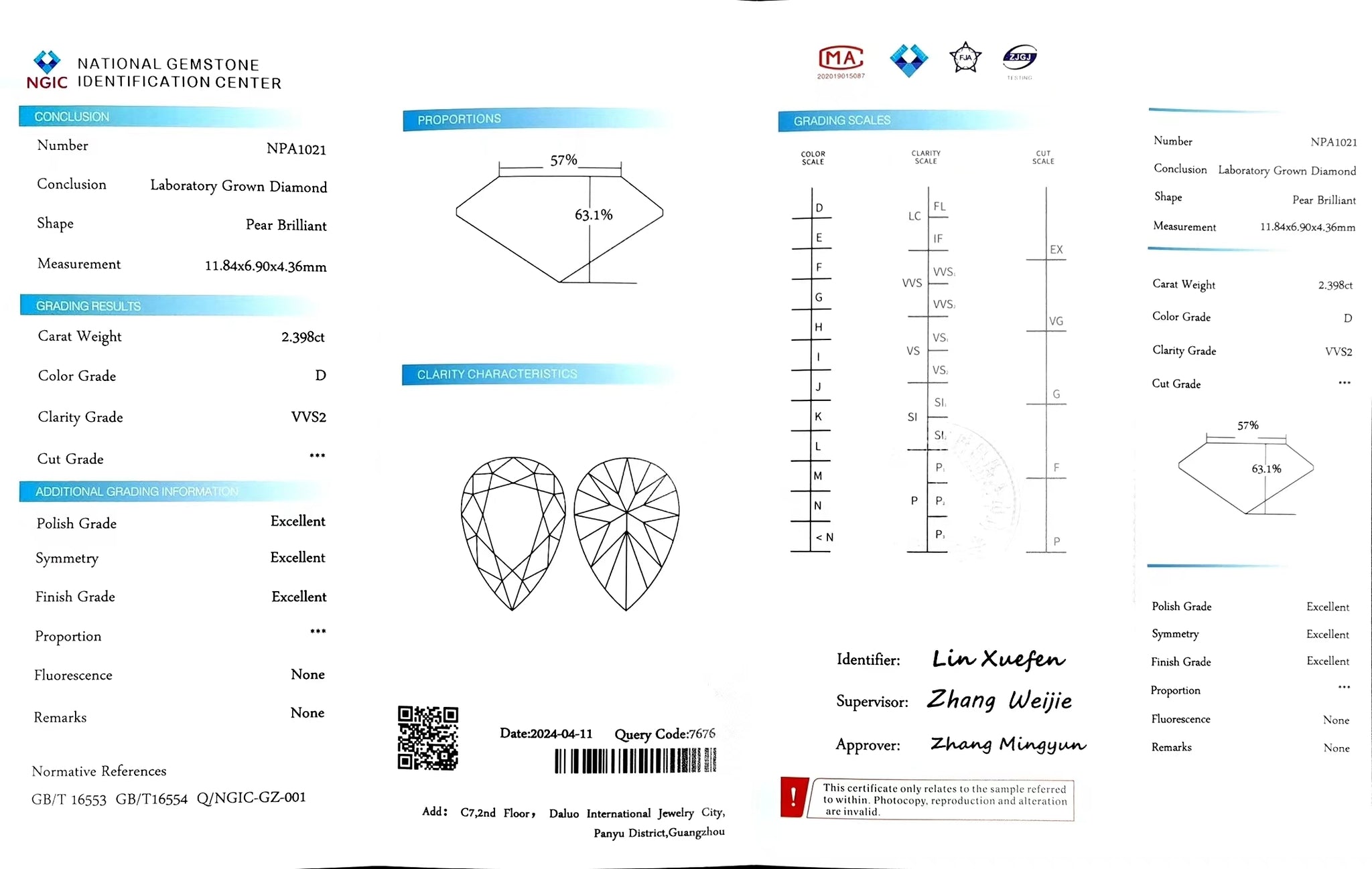 "NGIC certificate for 2.398ct pear cut D color VVS2 lab diamond"