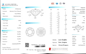 "NGIC certificate for 2.402ct round cut D color VVS2 lab diamond"