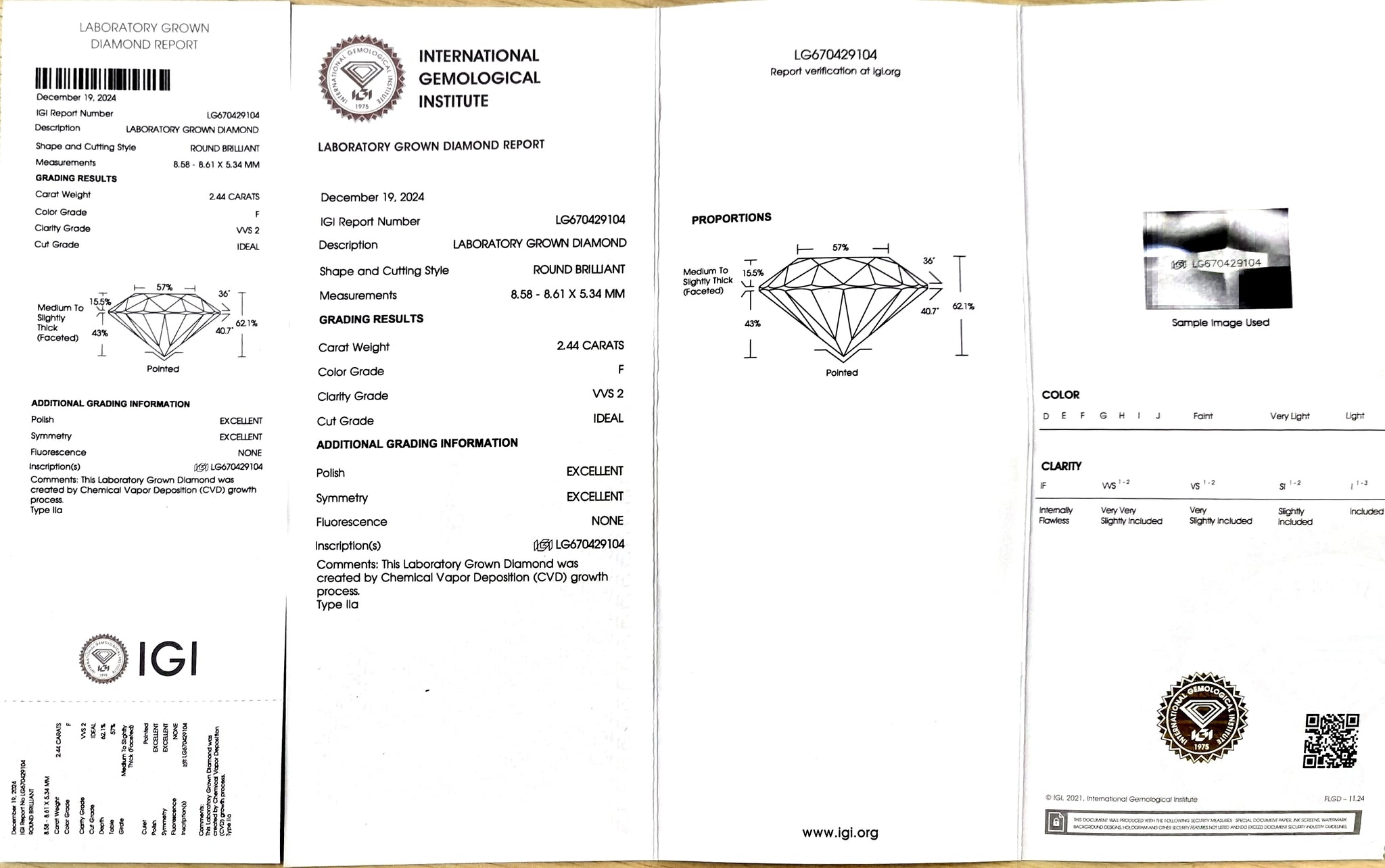 "NGIC certificate for 2.44ct round ideal cut F color VVS2 clarity lab-grown diamond"