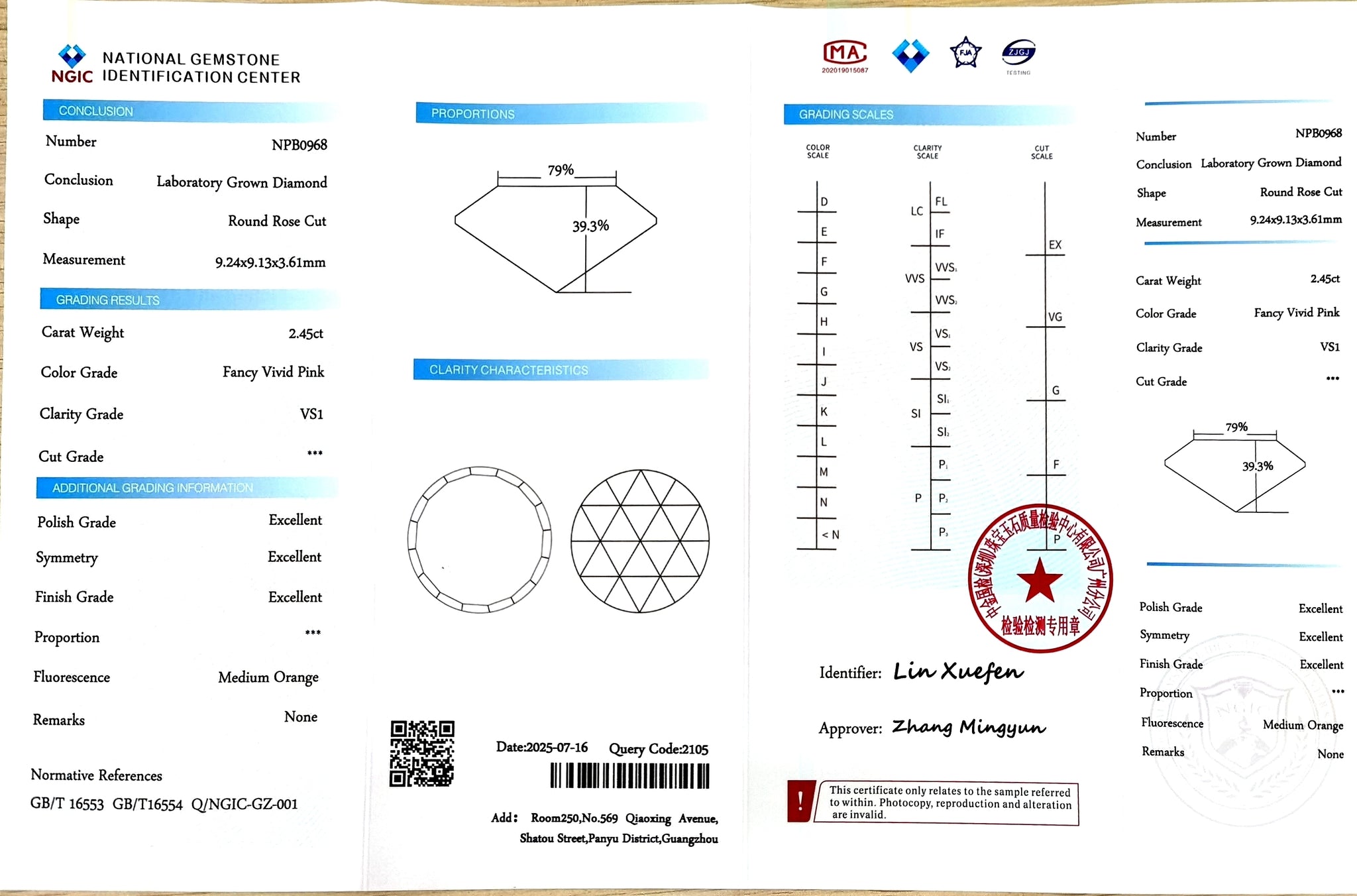 "NGIC certificate for 2.45ct round rose cut fancy vivid pink VS1 lab diamond"