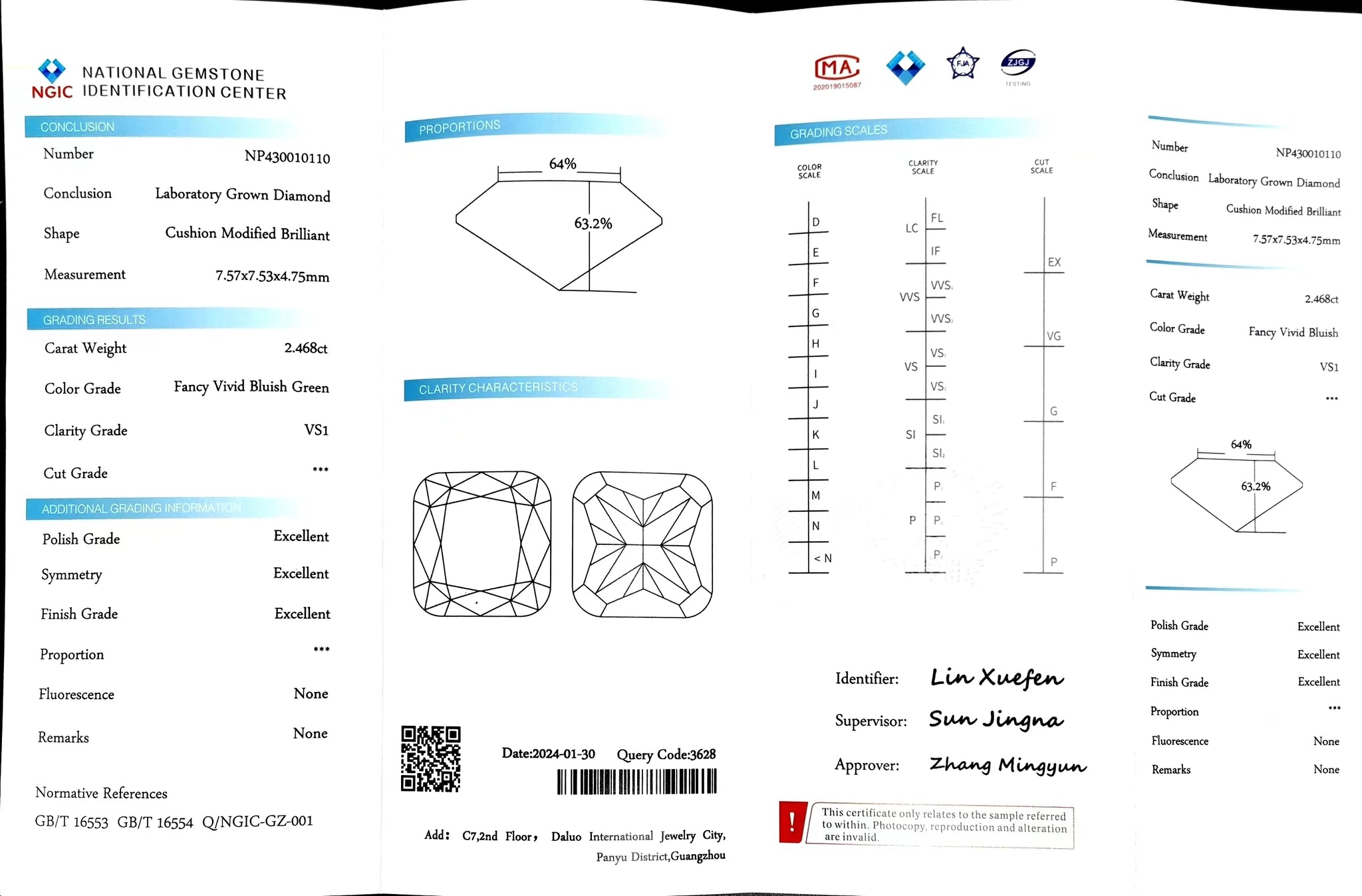 "NGIC certificate for 2.468ct cushion cut fancy vivid bluish green VS1 lab diamond"