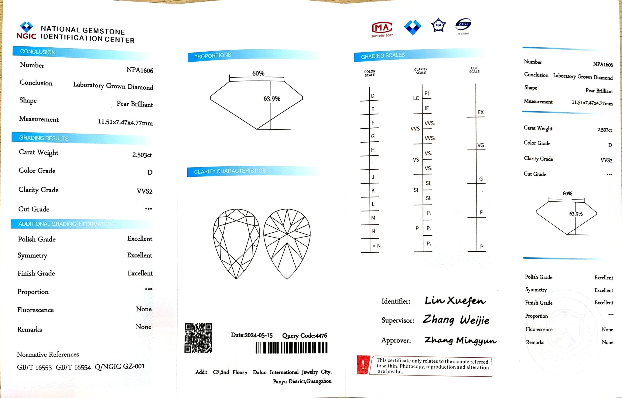 NGIC certificate for 2.503ct pear cut D color VVS2 lab diamond