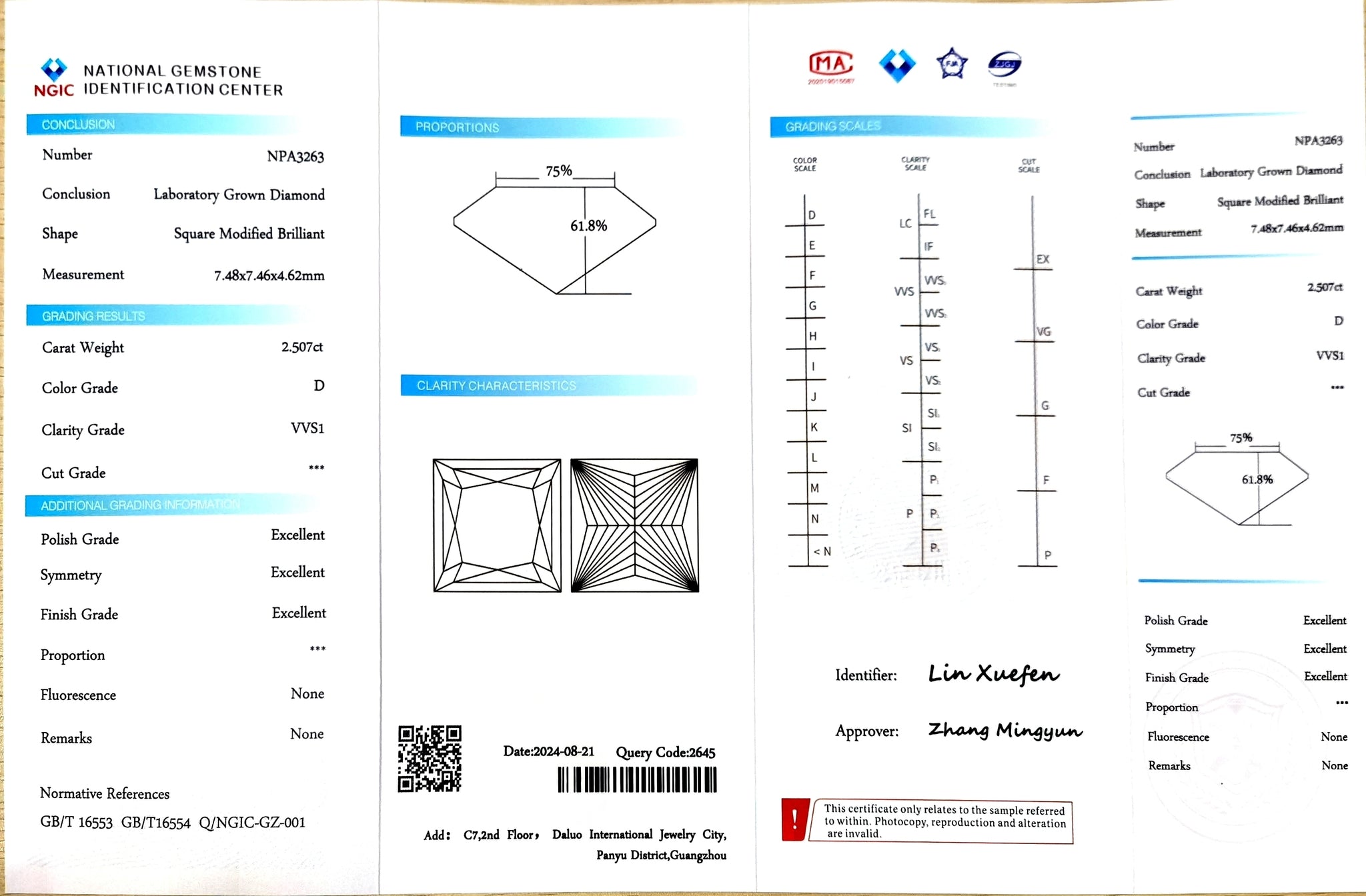 NGIC certificate for 2.507ct princess cut D color VVS1 lab-grown diamond (NPA3263)