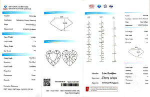 NGIC certificate for 2.510ct heart D color VVS2 lab diamond