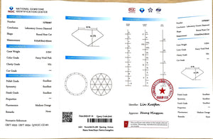 "NGIC certificate for 2.53ct round rose cut fancy vivid pink VS1 lab diamond"