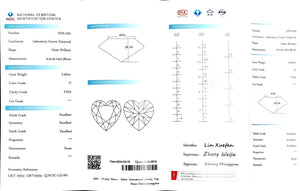"NGIC certificate for 2.563ct heart cut D color VVS2 lab diamond"