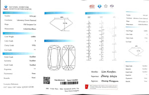"NGIC certificate for 2.608ct old European cut cushion E color VVS1 lab diamond"