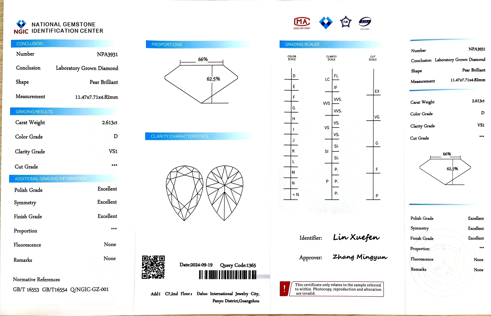 NGIC certificate for 2.613ct pear D color VS1 clarity lab-grown diamond