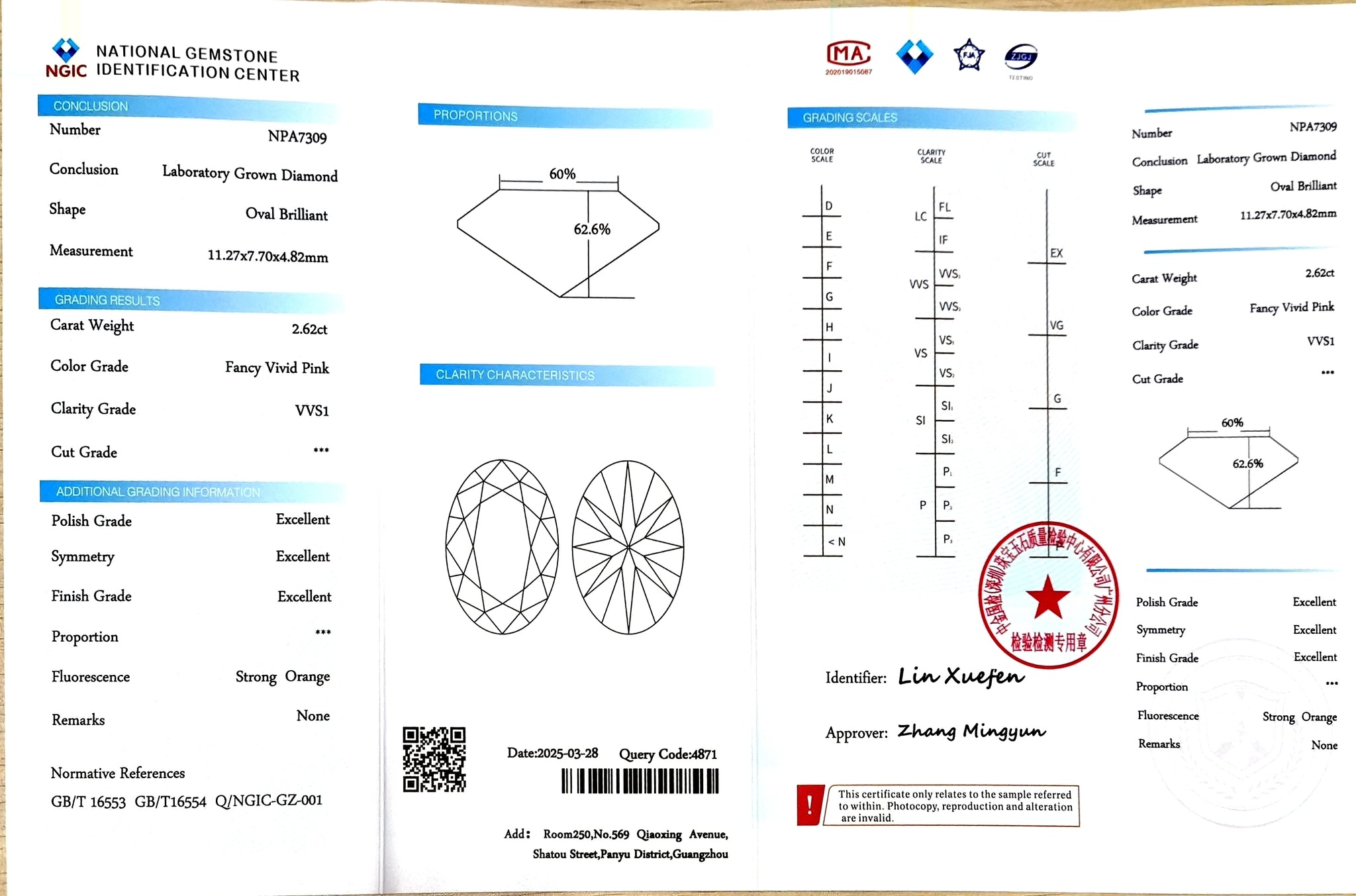 NGIC certification for 2.62ct Oval Fancy Vivid Pink VVS1 lab diamond