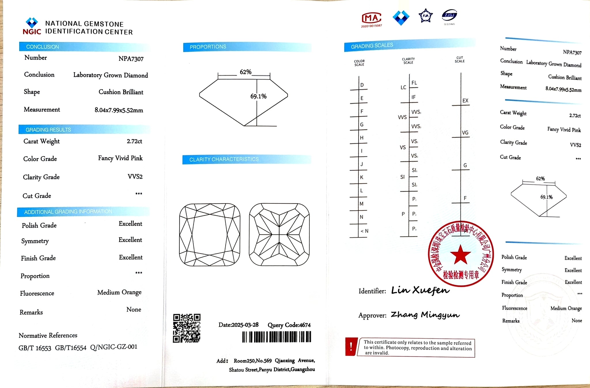 NGIC certificate for 2.72ct Cushion Fancy Vivid Pink VVS2 lab diamond
