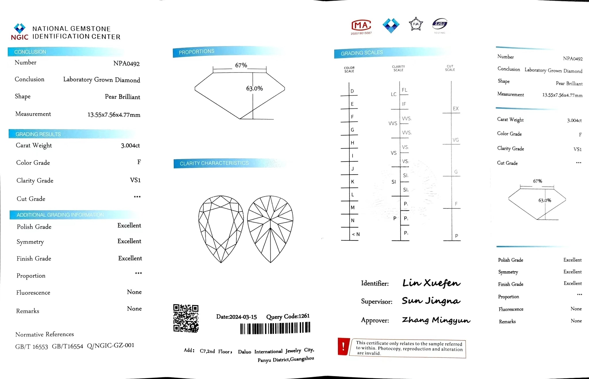 "NGIC certificate for 3.004ct pear cut F color VS1 lab diamond"