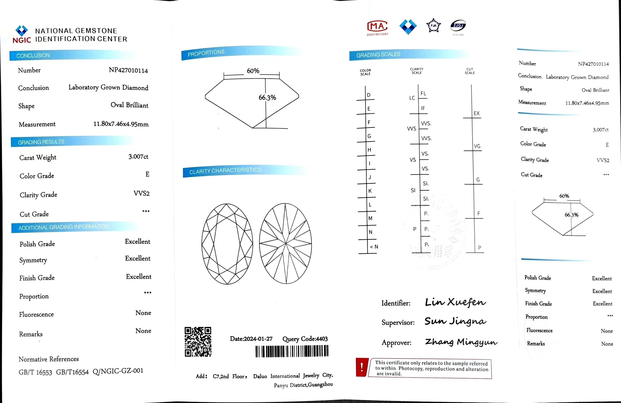 "NGIC certificate for 3.007ct oval cut E color VVS2 lab diamond"