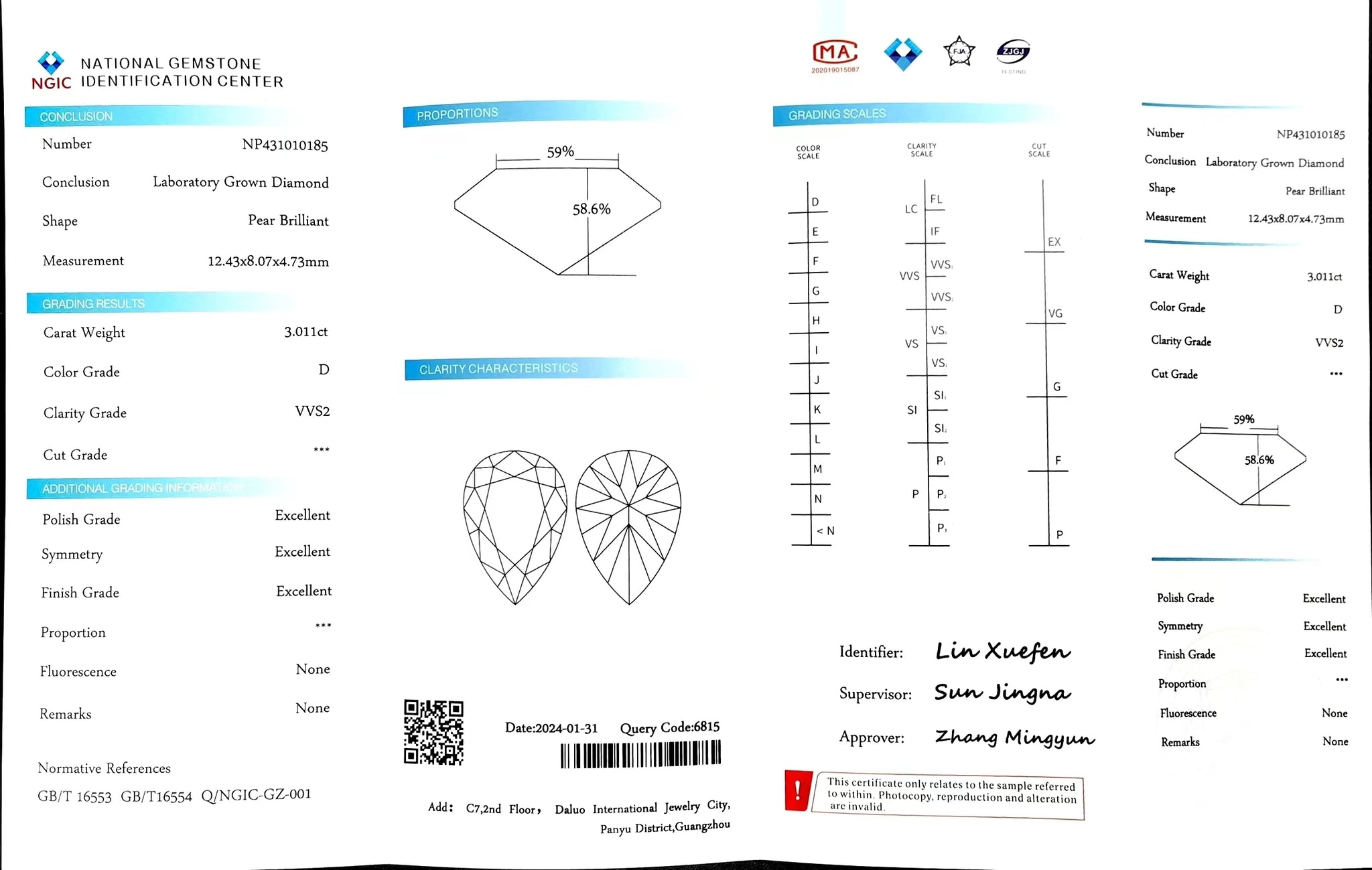 "NGIC certificate for 3.011ct pear cut D color VVS2 lab diamond"