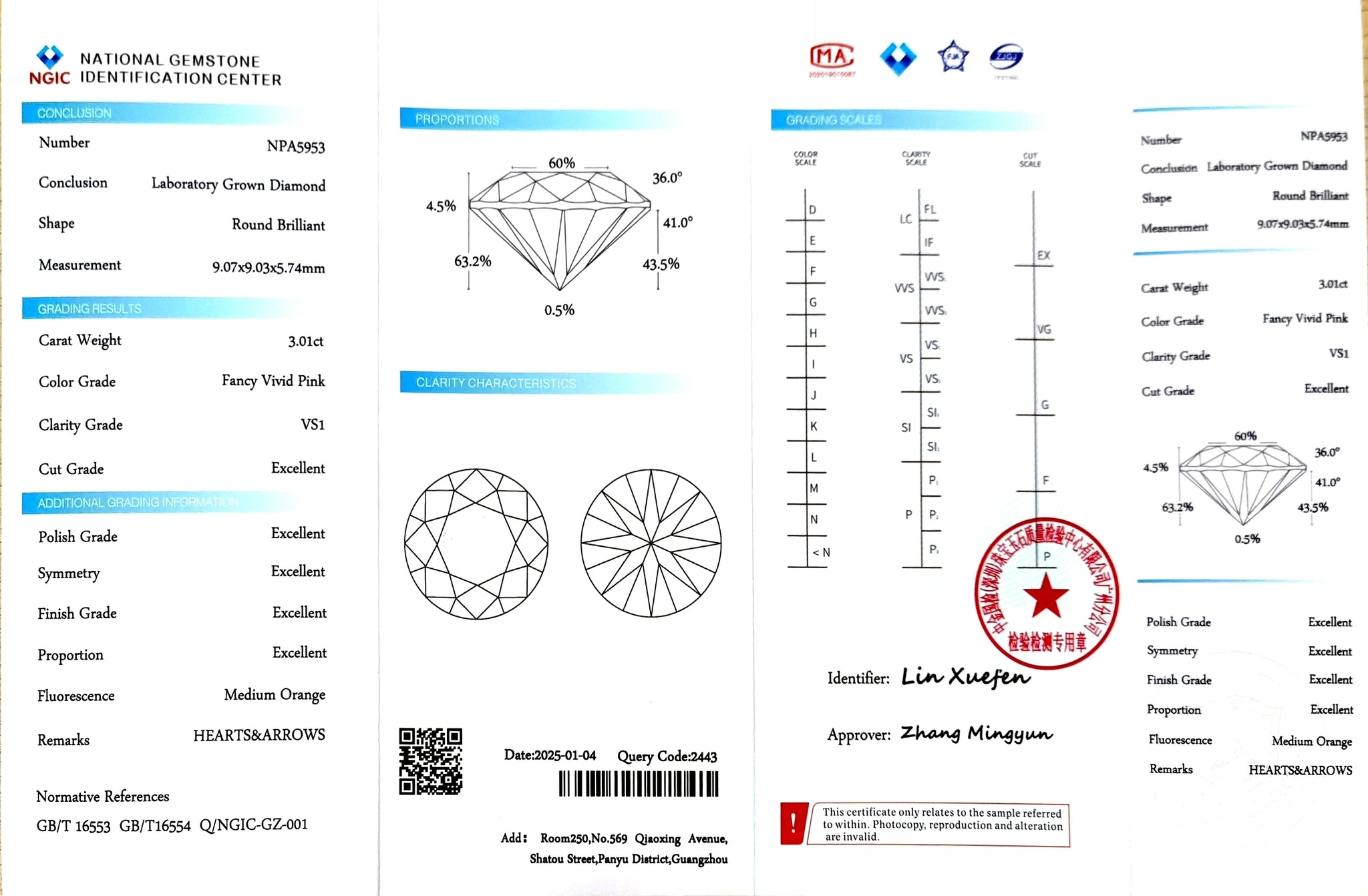 NGIC report for 3.01ct round fancy vivid pink VS1 lab diamond (NPA5953)
