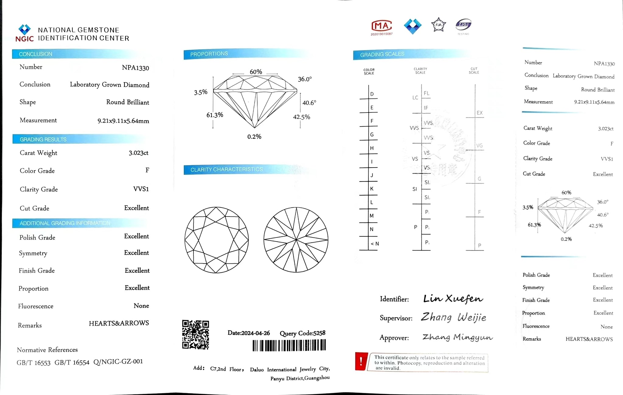 "NGIC certificate for 3.023ct round cut F color VVS1 lab diamond"