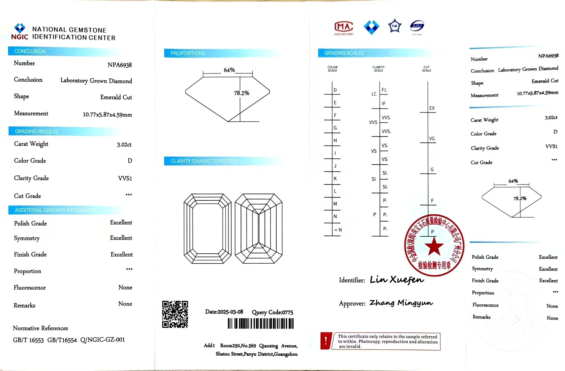 NGIC certificate for 3.02ct emerald D/VVS1 lab diamond (NPA6938)