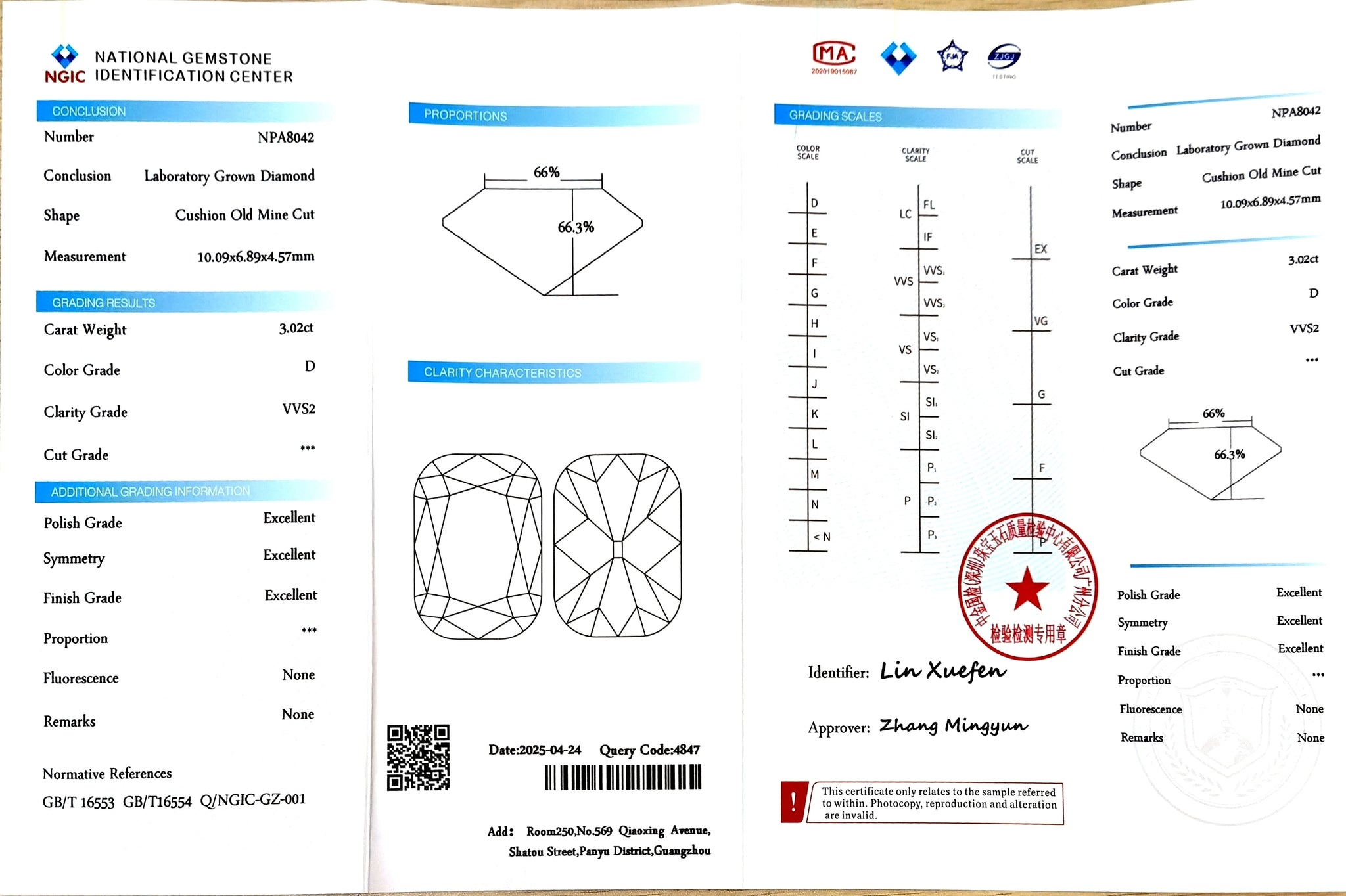 NGIC certificate for 3.02ct old mine cut D color VVS2 lab diamond
