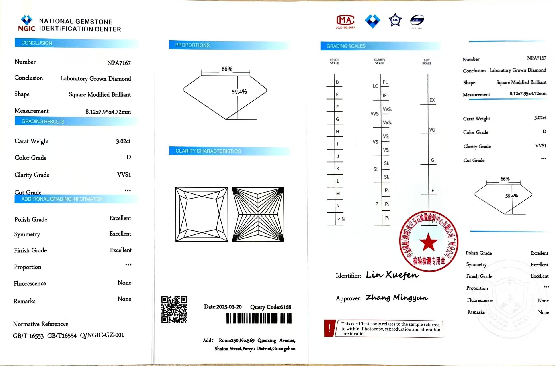 NGIC report for 3.02ct princess D/VVS1 lab diamond (NPA7167)
