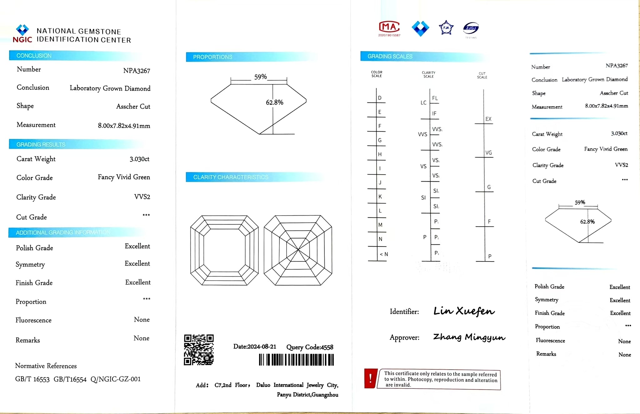NGIC certificate for 3.030ct Asscher fancy vivid green VVS2 lab diamond (NPA3267)