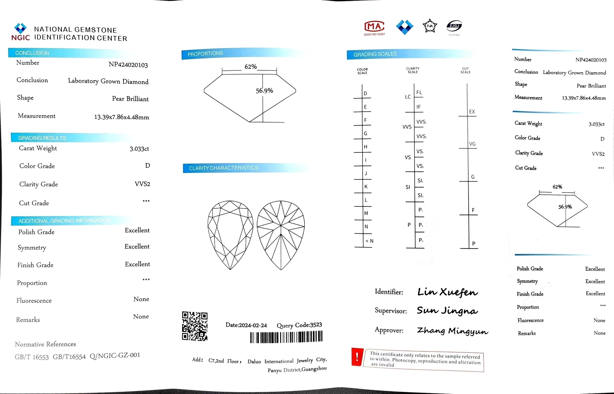 "NGIC certificate for 3.033ct pear cut D color VVS2 lab diamond"