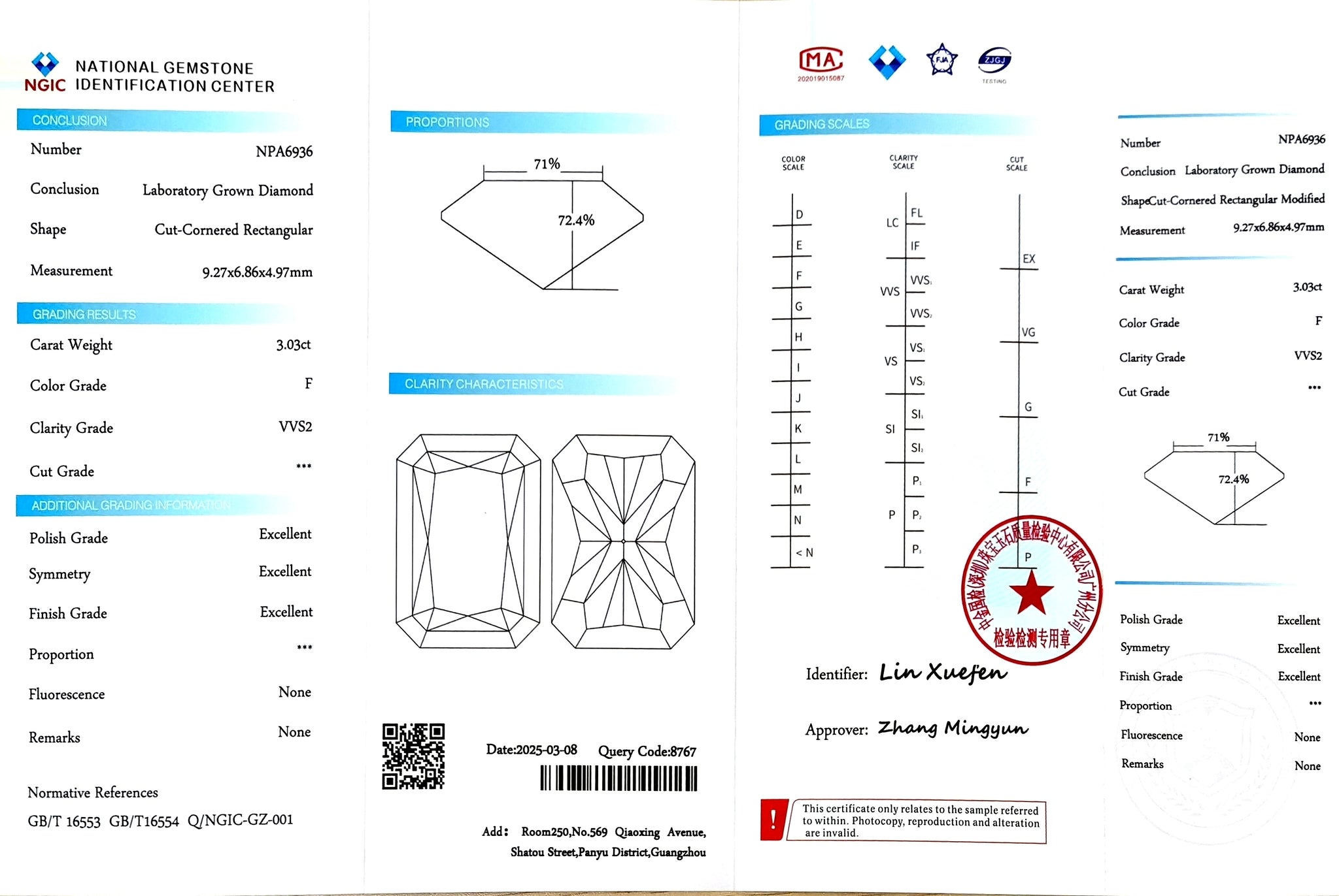 NGIC certificate for 3.03ct radiant F/VVS2 lab diamond (NPA6936)