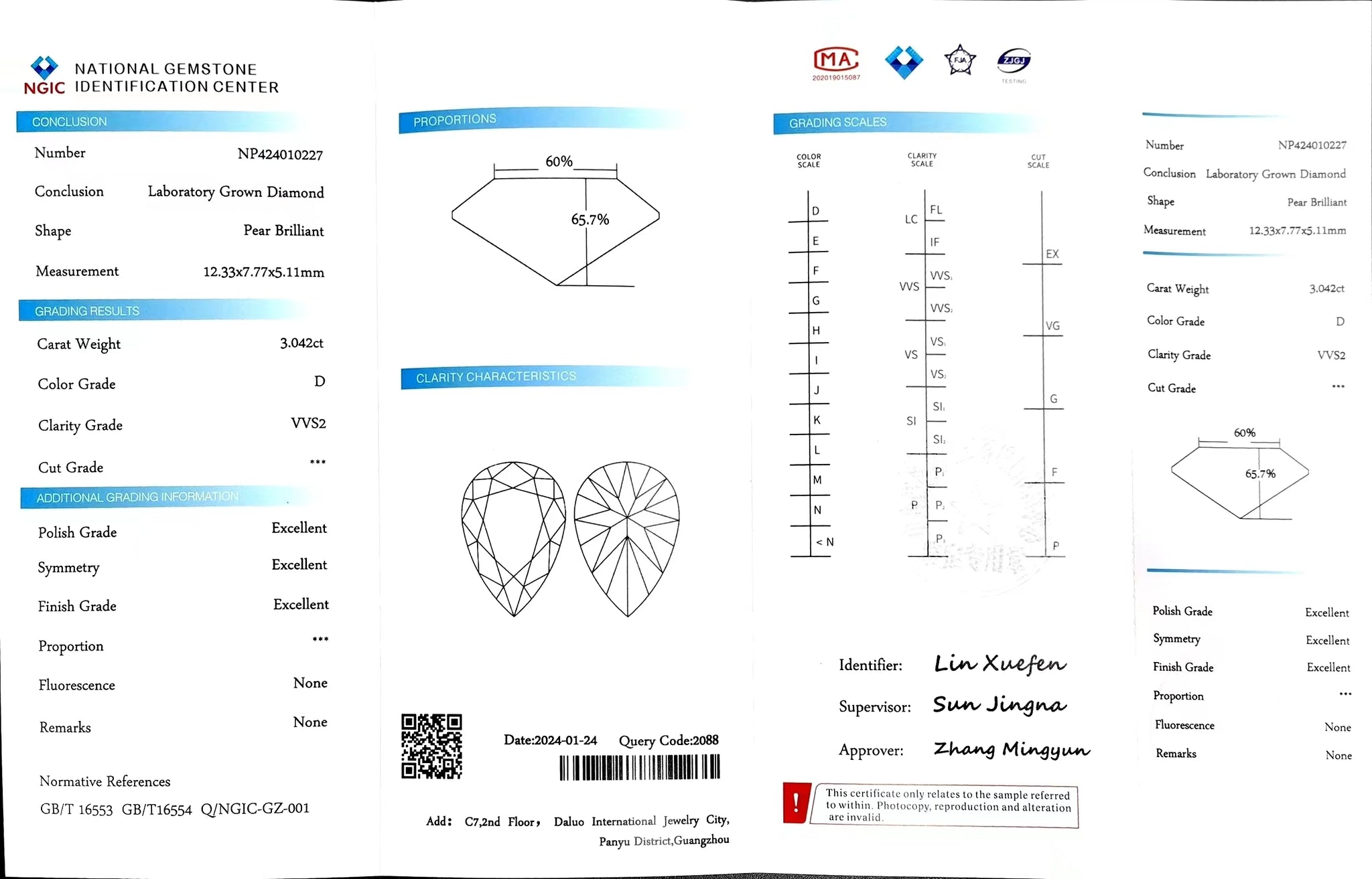 "NGIC certificate for 3.042ct pear cut D color VVS2 lab diamond"