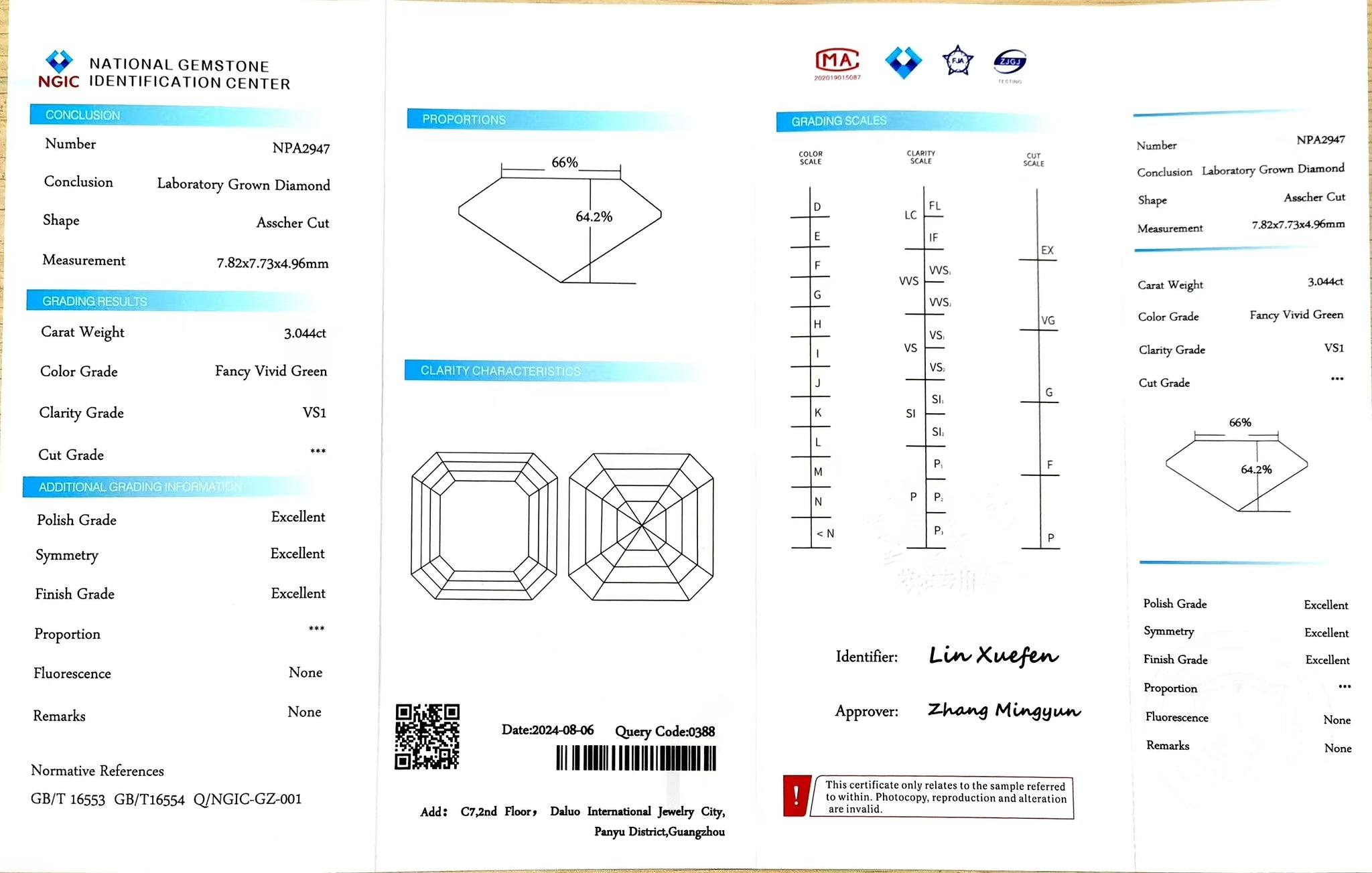 NGIC certificate for 3.044ct Asscher fancy vivid green VS1 lab diamond (NPA2947)