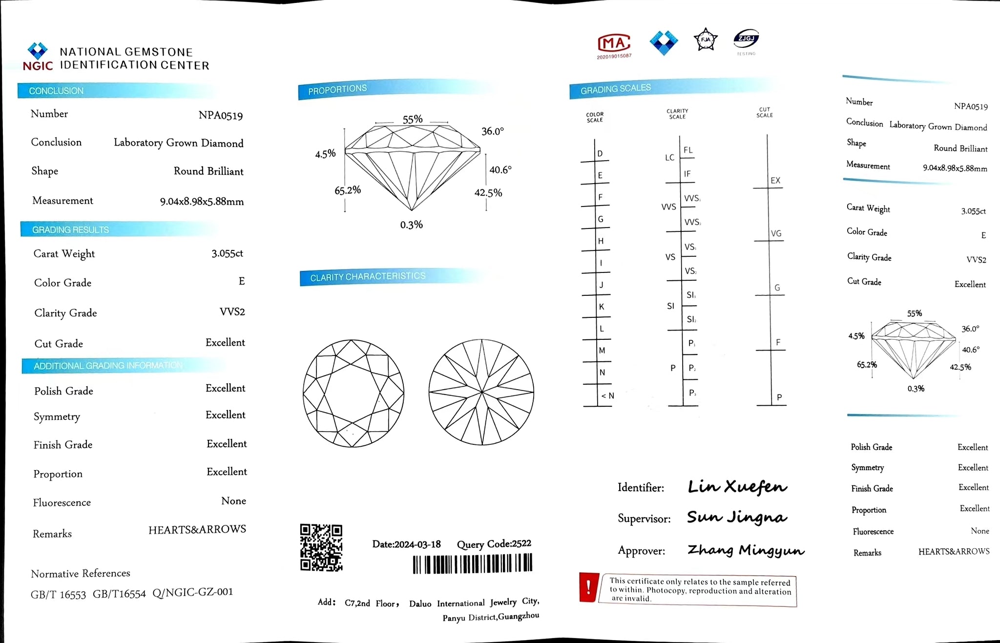 "NGIC certificate for 3.055ct round cut E color VVS2 lab diamond"