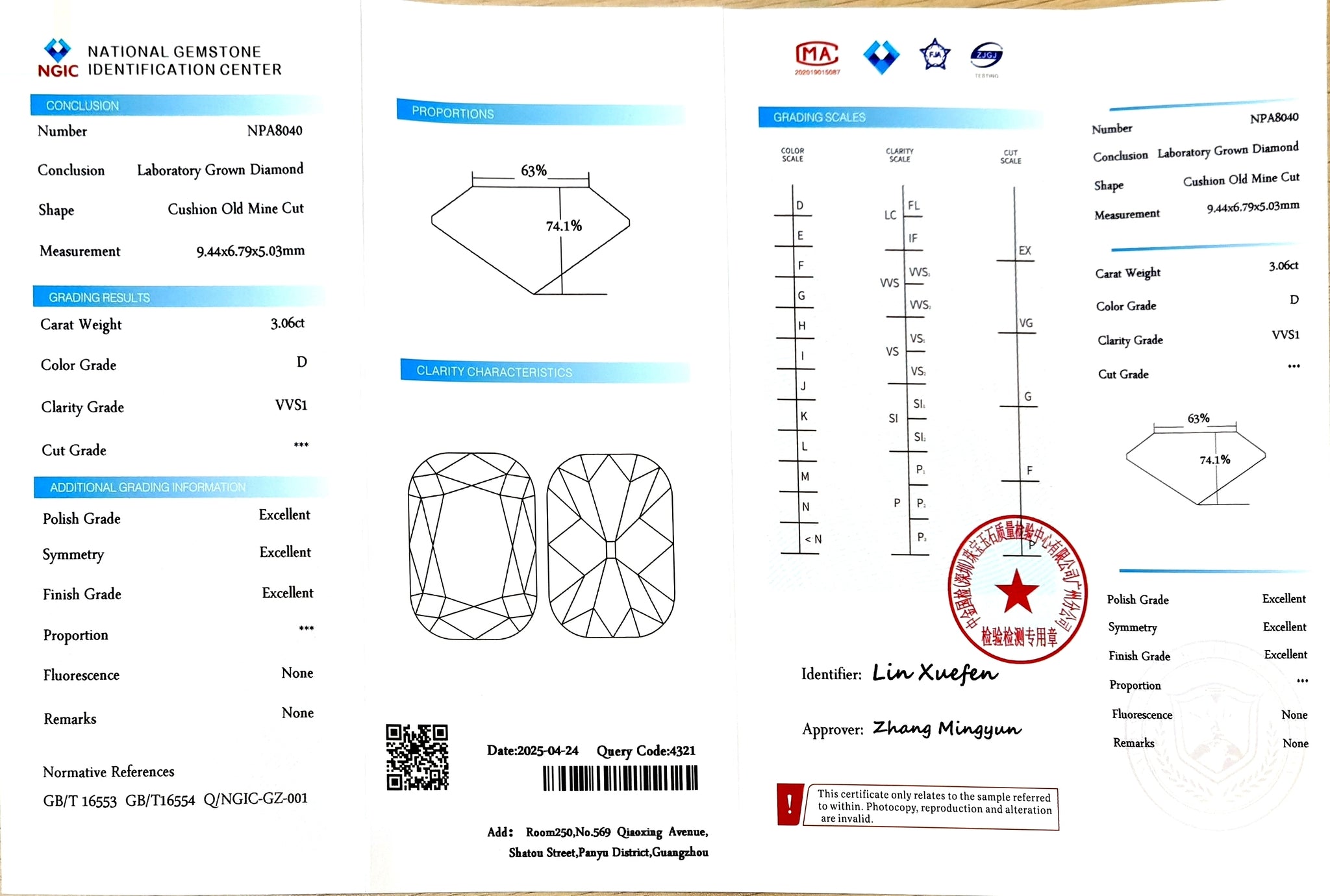 NGIC certificate for 3.06ct old mine cut D color VVS1 lab diamond