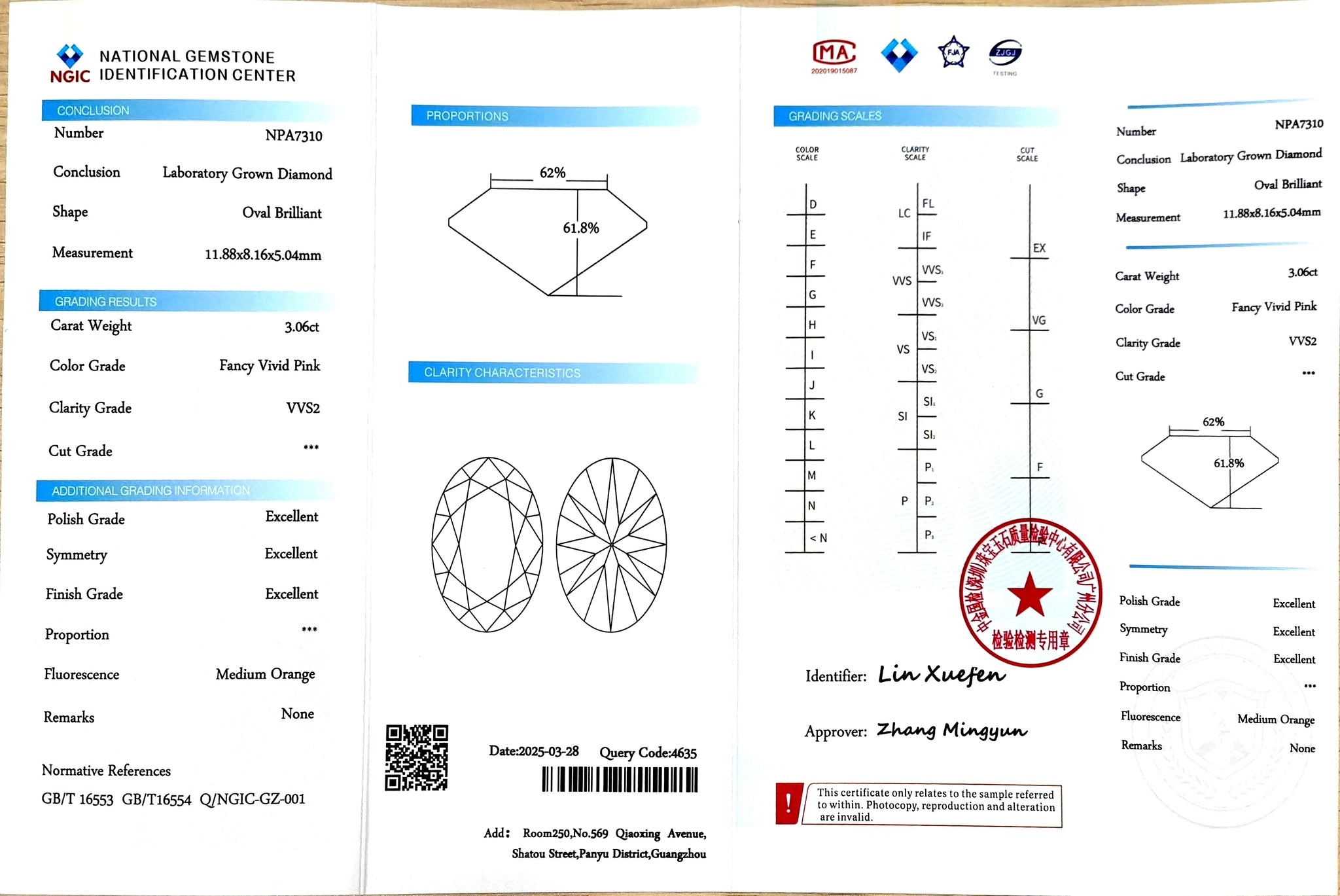 NGIC lab certificate for 3.06ct Oval Fancy Vivid Pink VVS2 diamond