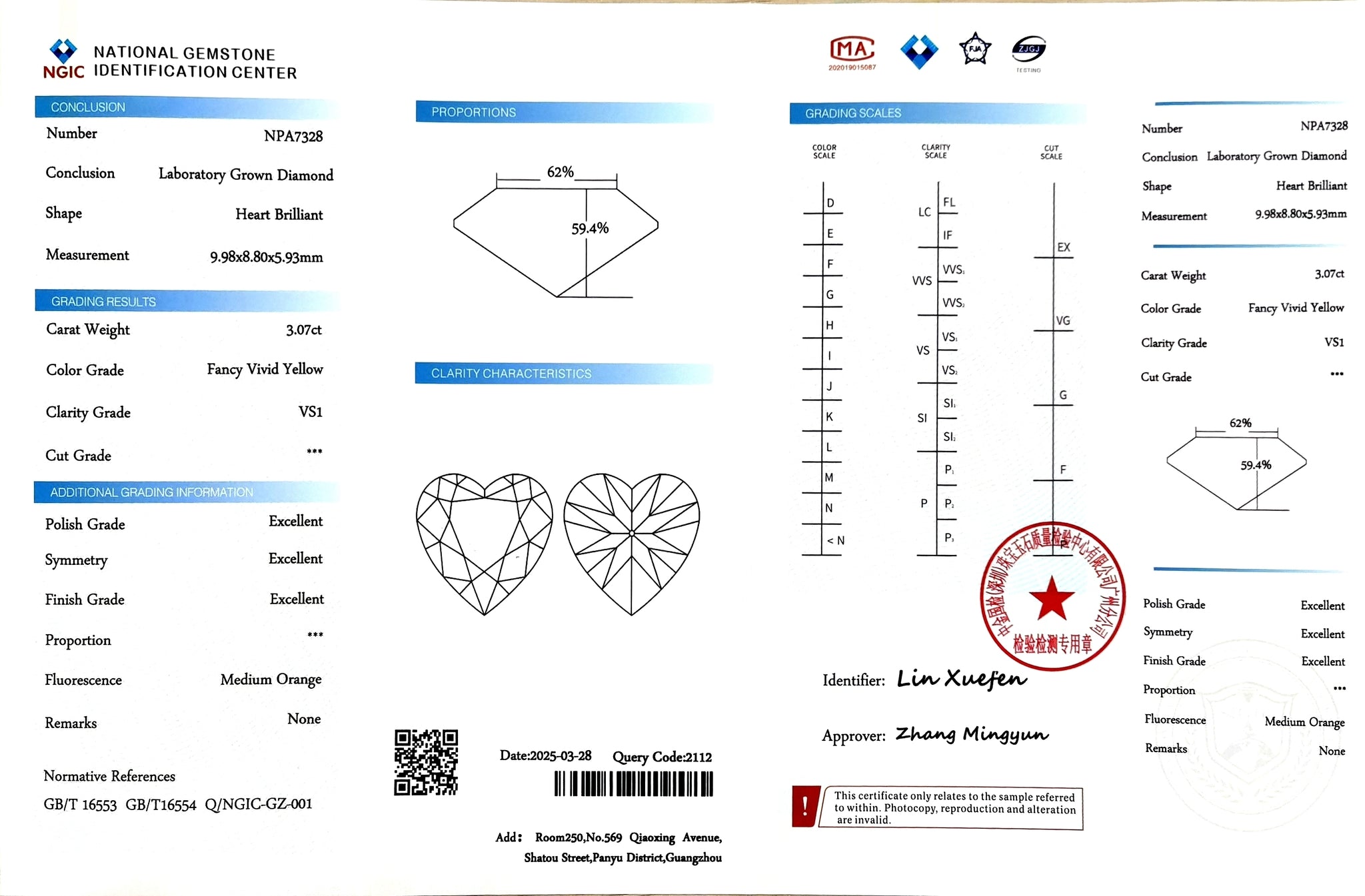 NGIC certificate for 3.07ct heart cut fancy vivid yellow VS1 lab diamond