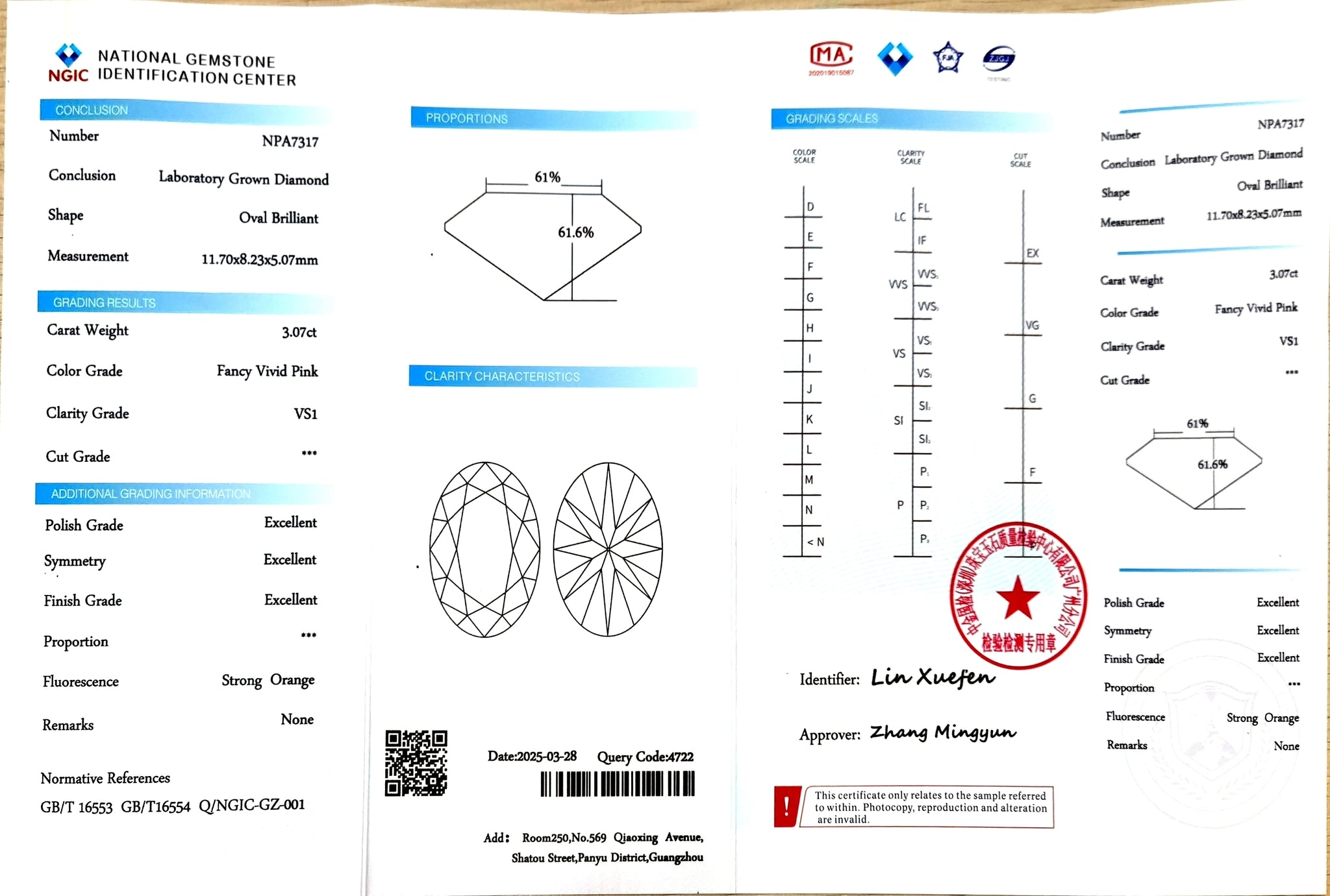 NGIC certificate for 3.07ct Oval Fancy Vivid Pink VS1 lab diamond