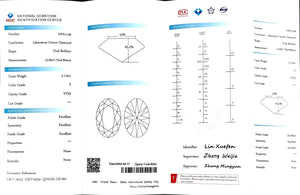 "NGIC certificate for 3.110ct oval cut E color VVS2 lab diamond"