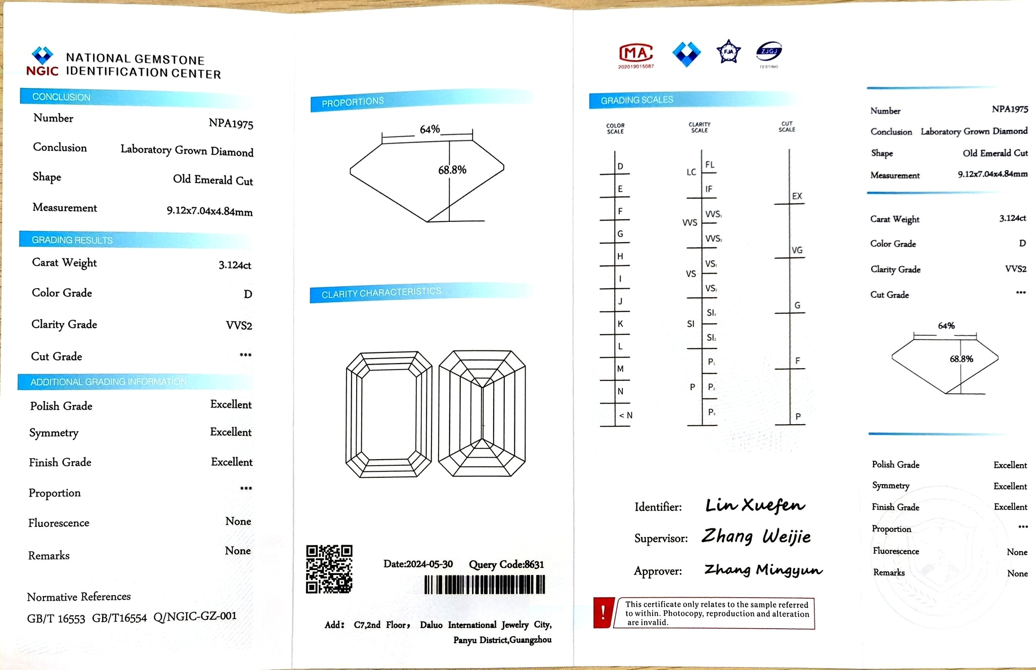 NGIC certification for 3.124ct emerald cut D color VVS2 lab-created diamond