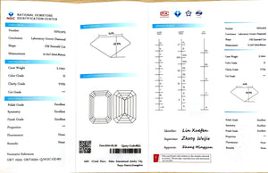 NGIC certification for 3.124ct emerald cut D color VVS2 lab-created diamond